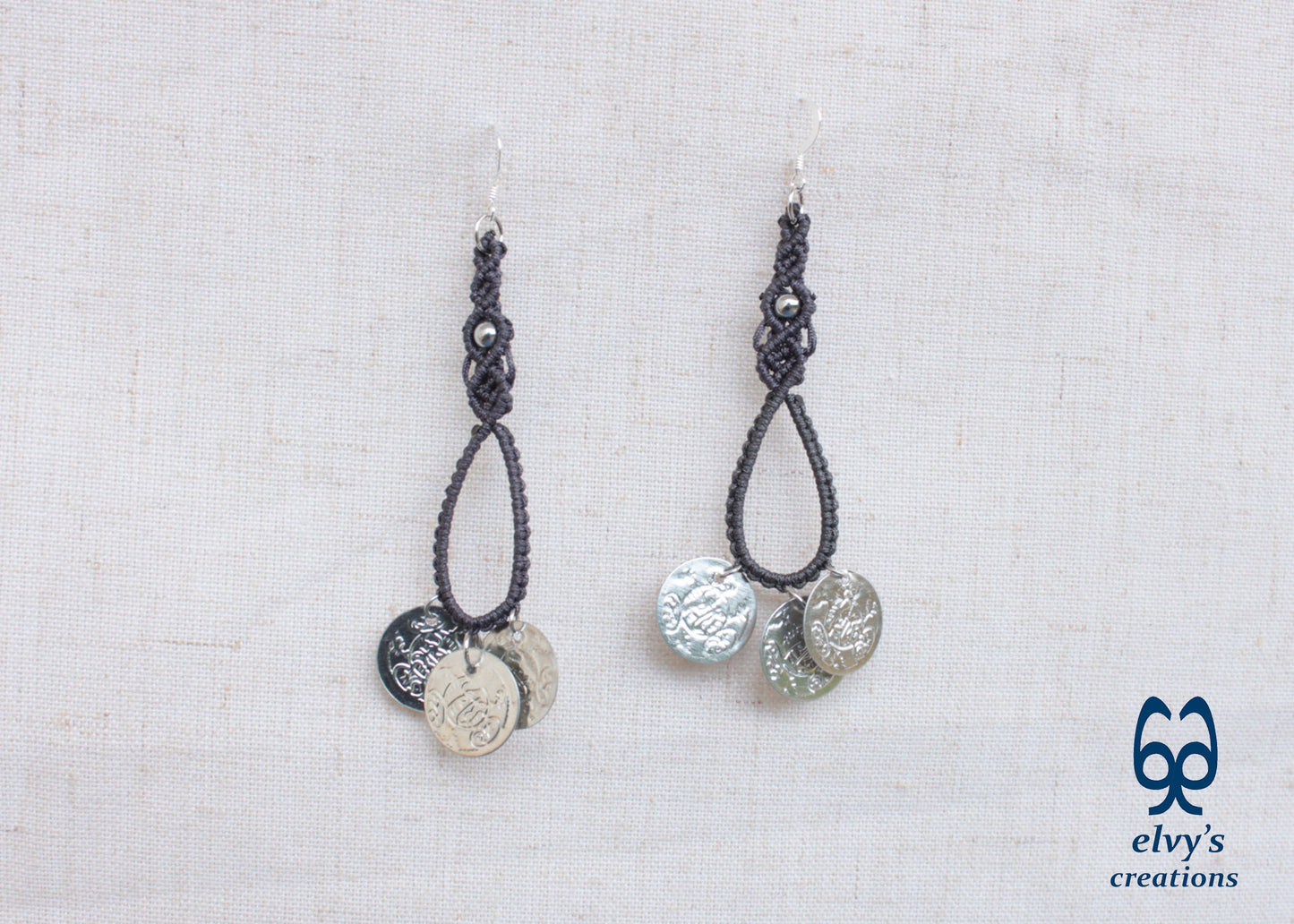 Gray Macrame Earrings with Hematite Gemstones Gypsy Earrings with Coins Boho Dangle with Coins, Μακραμέ Σκουλαρίκια με Φλουριά και Κρυστάλλους Αιματίτη