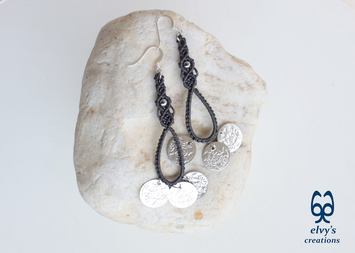 Gray Macrame Earrings with Hematite Gemstones Gypsy Earrings with Coins Boho Dangle with Coins, Μακραμέ Σκουλαρίκια με Φλουριά και Κρυστάλλους Αιματίτη