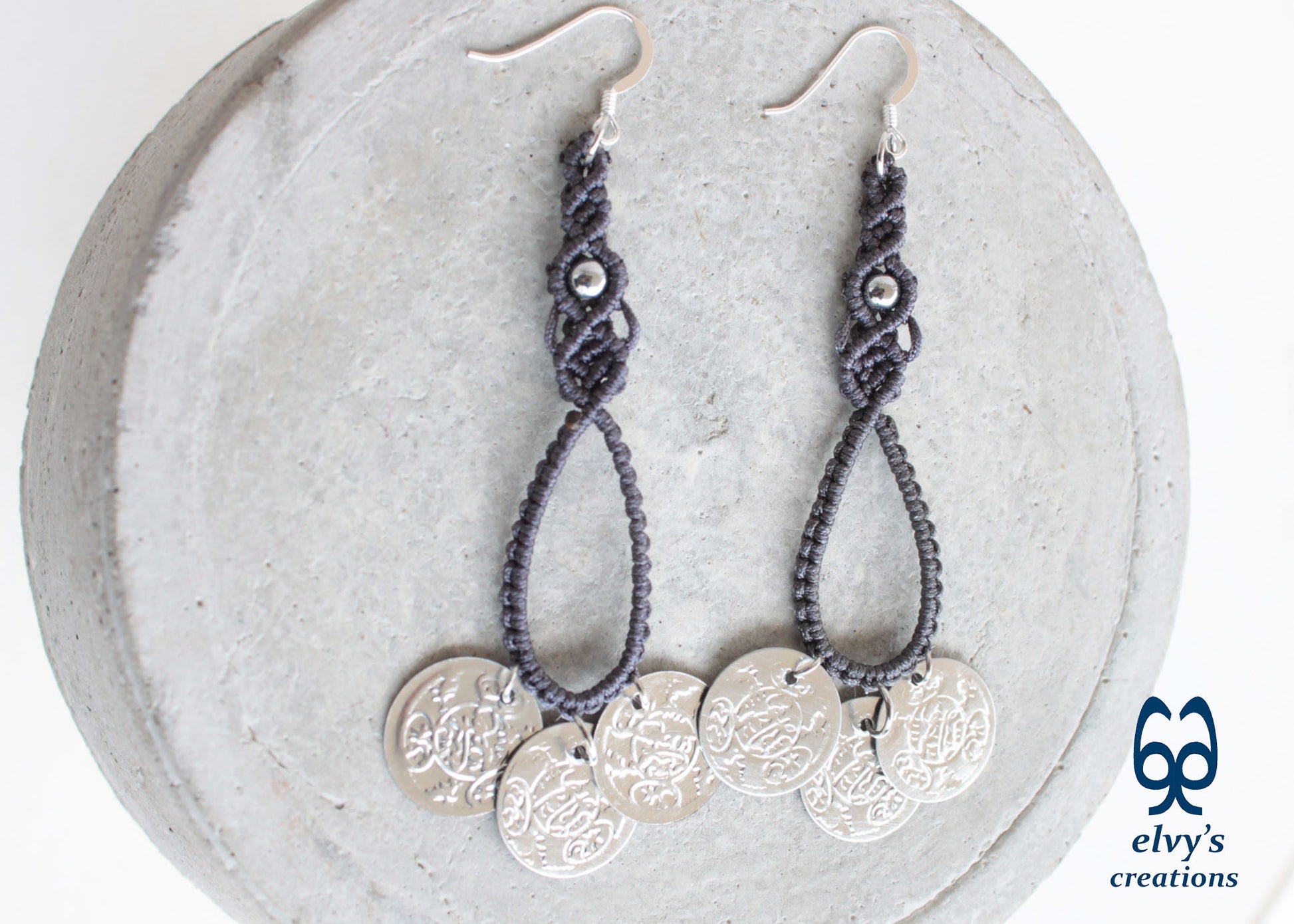 Gray Macrame Earrings with Hematite Gemstones Gypsy Earrings with Coins Boho Dangle with Coins, Μακραμέ Σκουλαρίκια με Φλουριά και Κρυστάλλους Αιματίτη