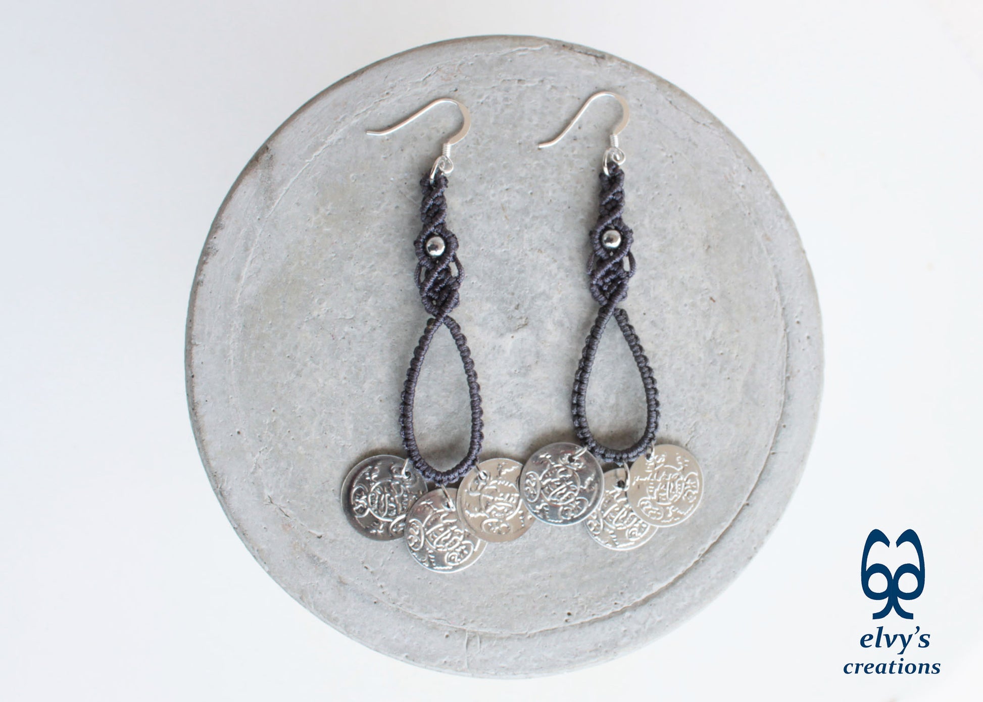 Gray Macrame Earrings with Hematite Gemstones Gypsy Earrings with Coins Boho Dangle with Coins, Μακραμέ Σκουλαρίκια με Φλουριά και Κρυστάλλους Αιματίτη