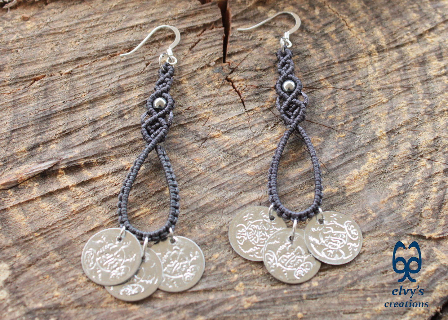 Gray Macrame Earrings with Hematite Gemstones Gypsy Earrings with Coins Boho Dangle with Coins, Μακραμέ Σκουλαρίκια με Φλουριά και Κρυστάλλους Αιματίτη