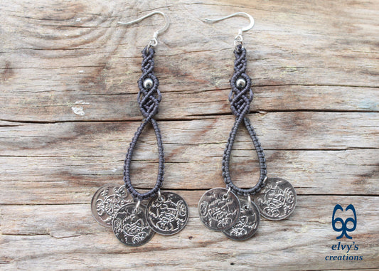 Gray Macrame Earrings with Hematite Gemstones Gypsy Earrings with Coins Boho Dangle with Coins, Μακραμέ Σκουλαρίκια με Φλουριά και Κρυστάλλους Αιματίτη