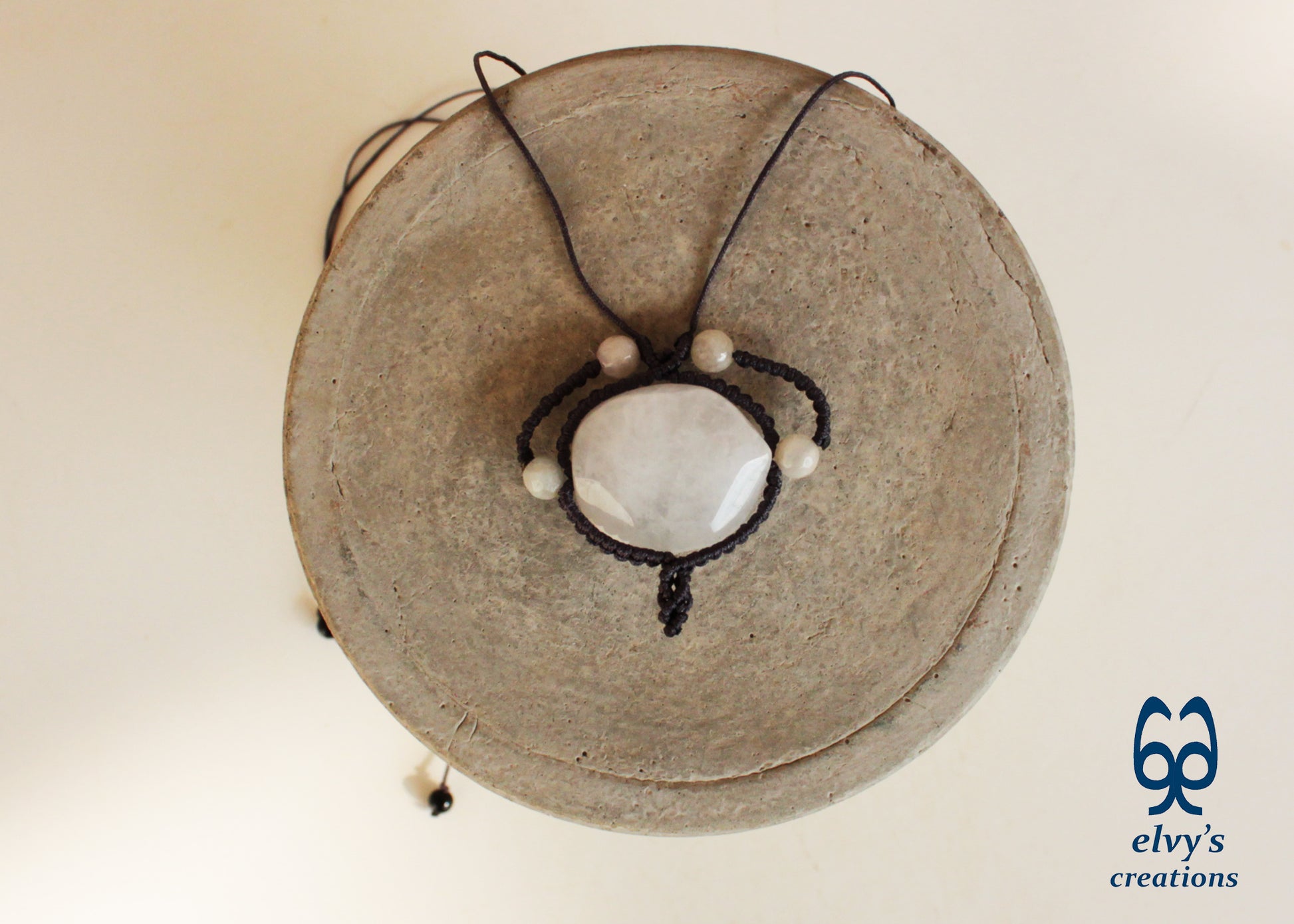 Handmade Gray Macrame Necklace with Crystal Quartz and Onyx Gemstones