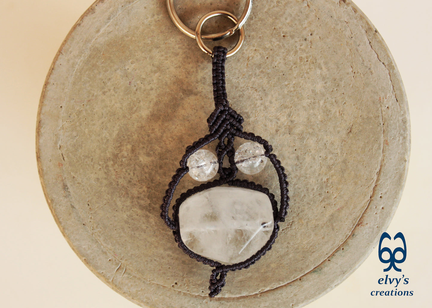 Handmade Gray Macrame Key ring with White Crystal Quartz Gift for Men