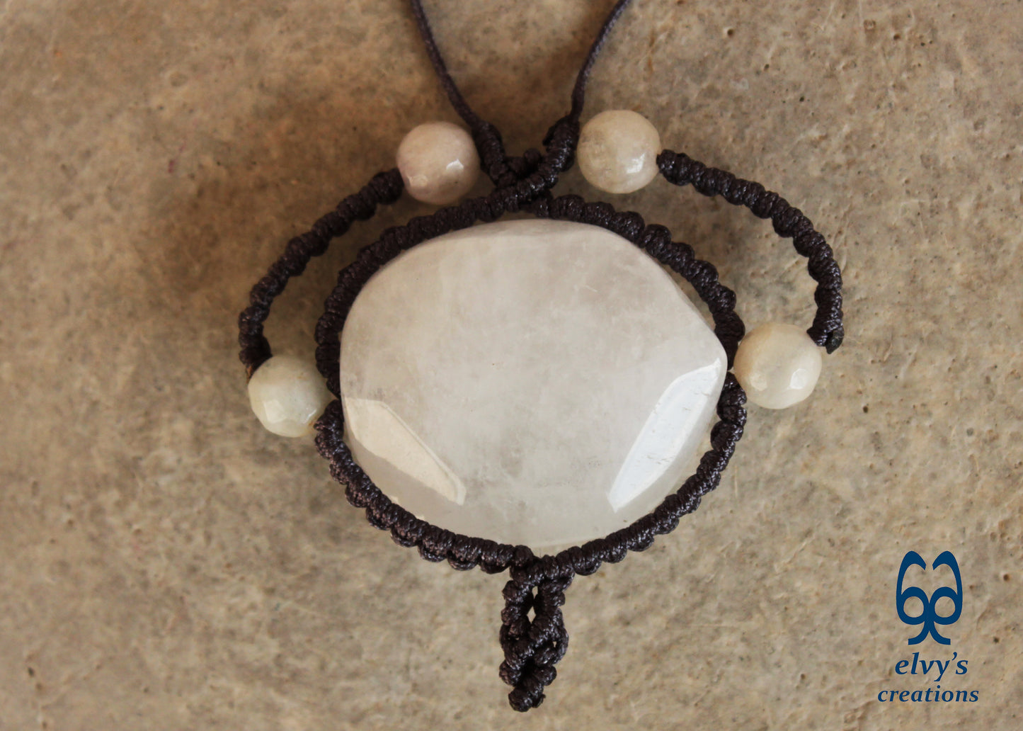 Handmade Gray Macrame Necklace with Crystal Quartz and Onyx Gemstones
