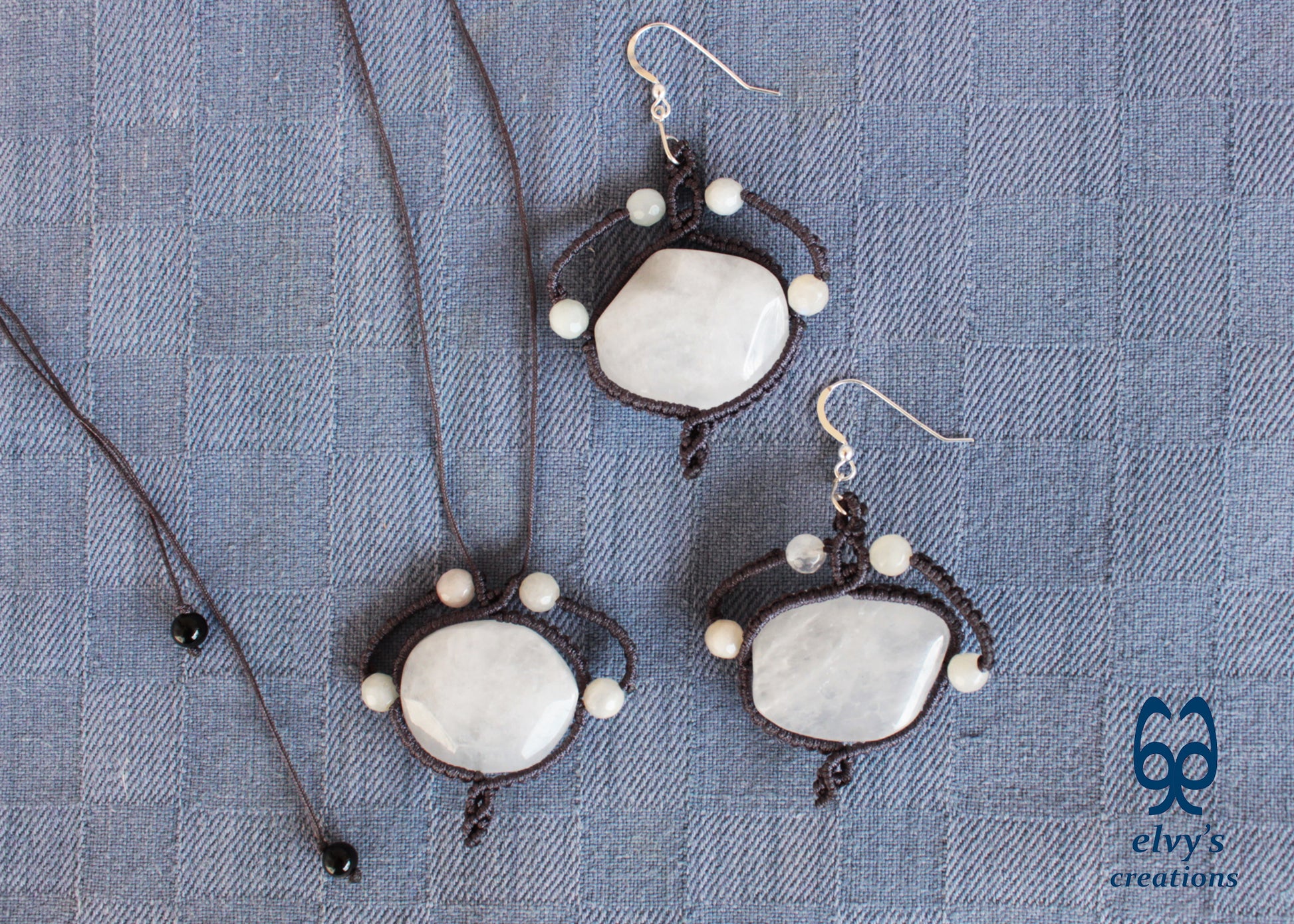 Handmade Gray Macrame Necklace with Crystal Quartz and Onyx Gemstones