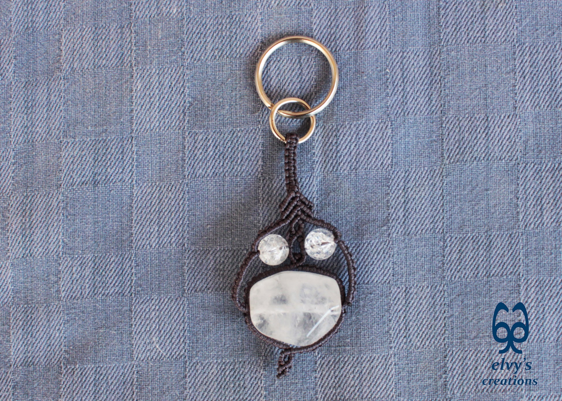 Handmade Gray Macrame Key ring with White Crystal Quartz Gift for Men