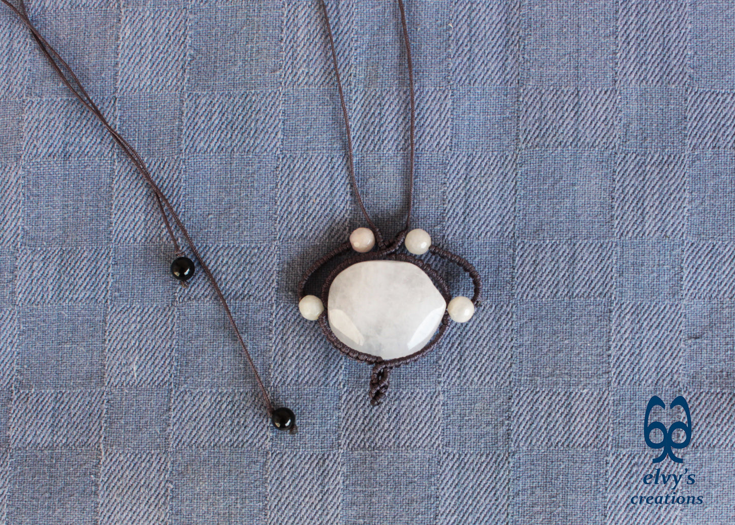 Handmade Gray Macrame Necklace with Crystal Quartz and Onyx Gemstones