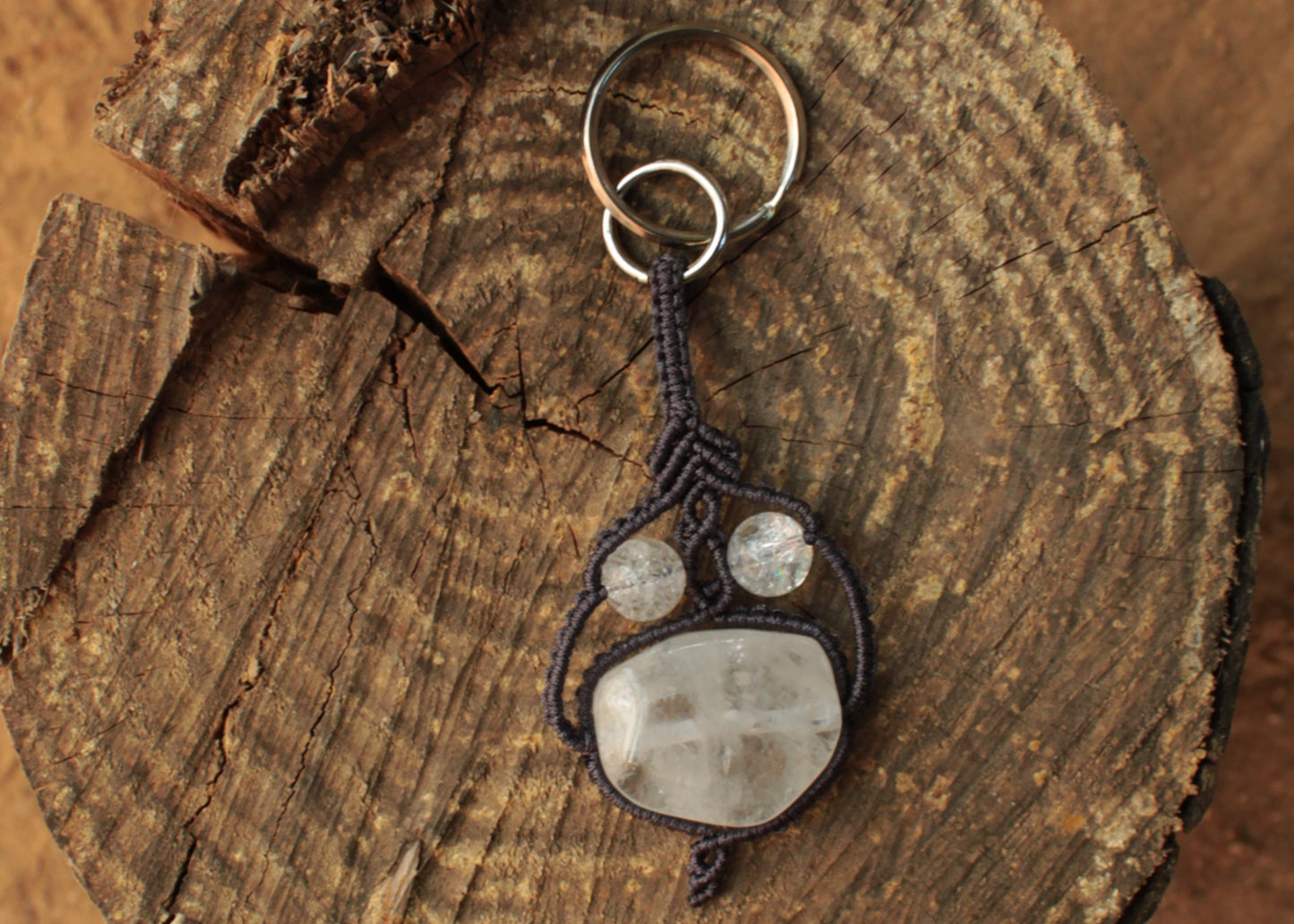 Gray Macramé Key Ring with Crystal Quartz