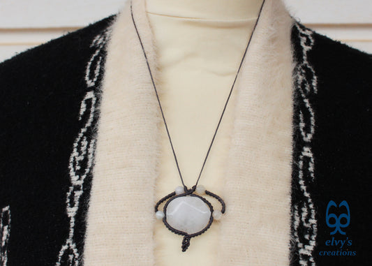 Handmade Gray Macrame Necklace with Crystal Quartz and Onyx Gemstones