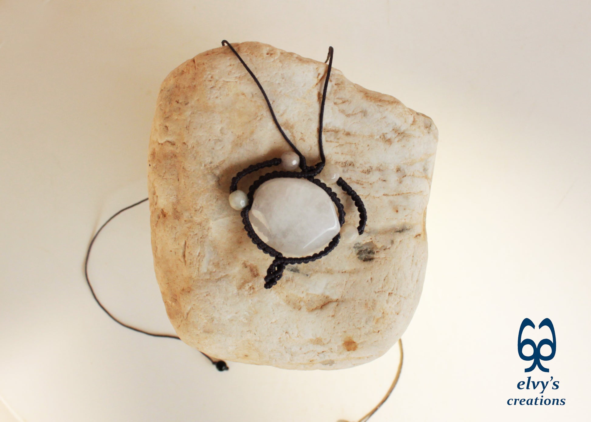 Handmade Gray Macrame Necklace with Crystal Quartz and Onyx Gemstones
