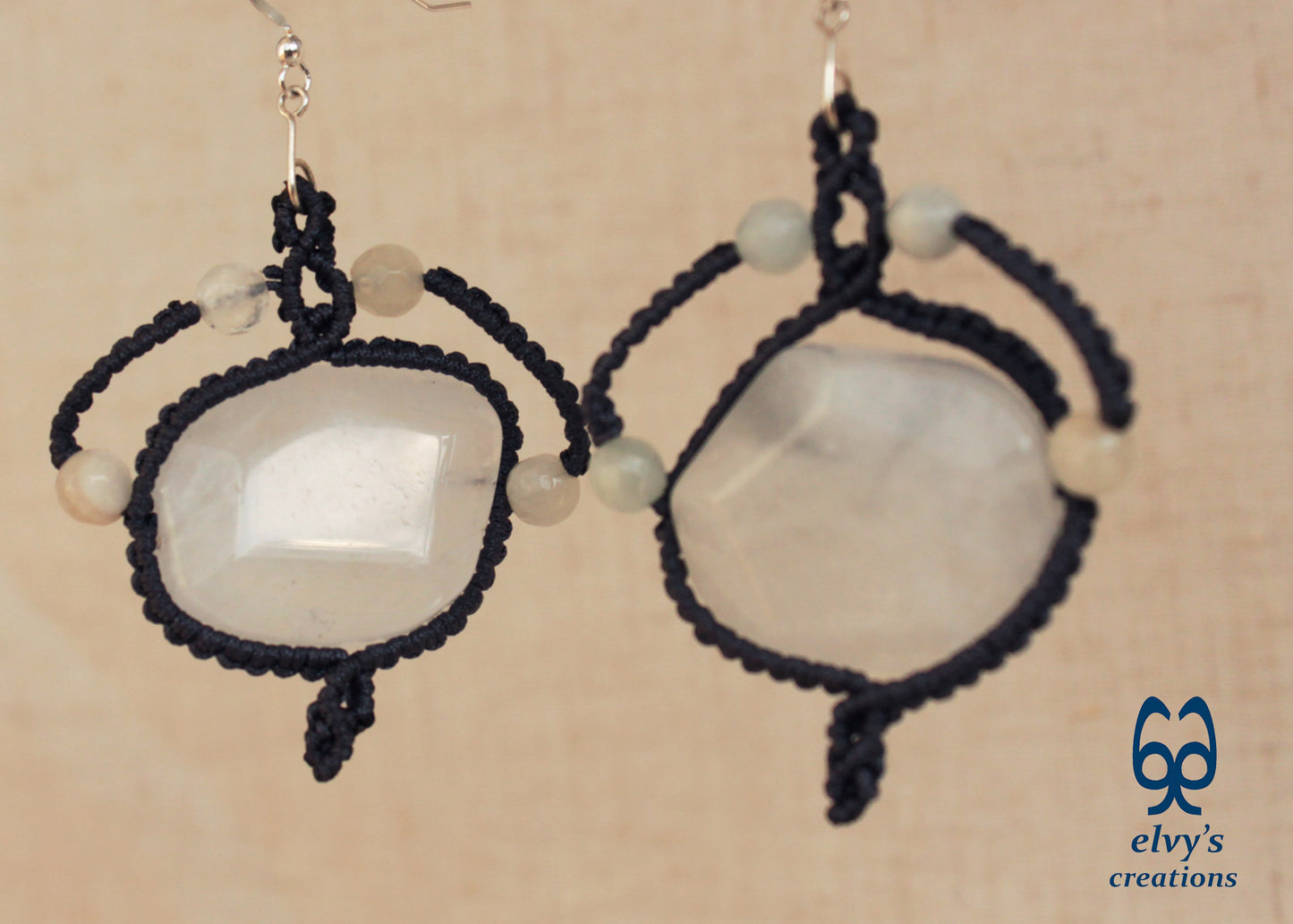 Handmade Gray Macrame Earrings with Long Dangle Crystal Quartz Gemstones 