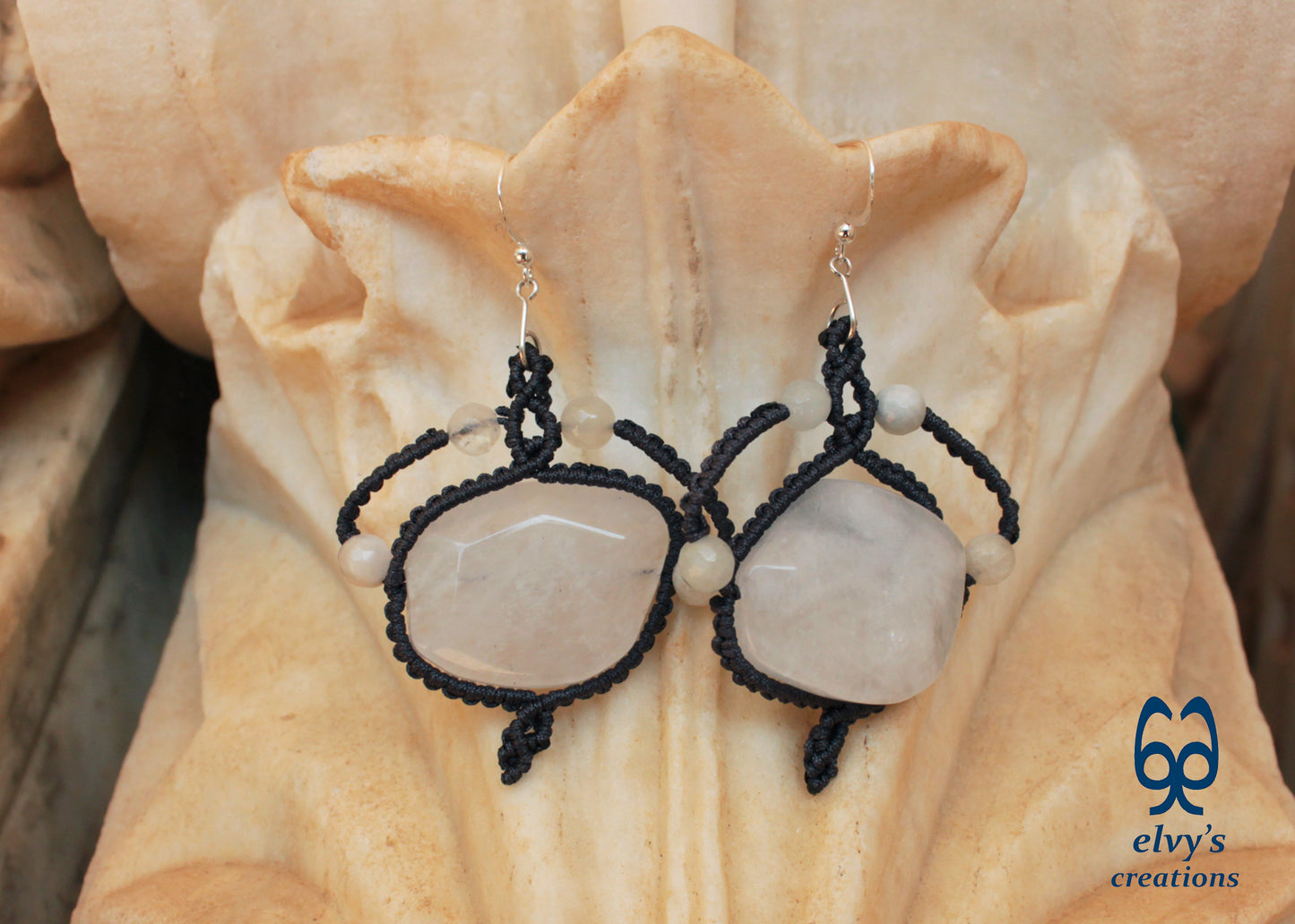 Handmade Gray Macrame Earrings with Long Dangle Crystal Quartz Gemstones 