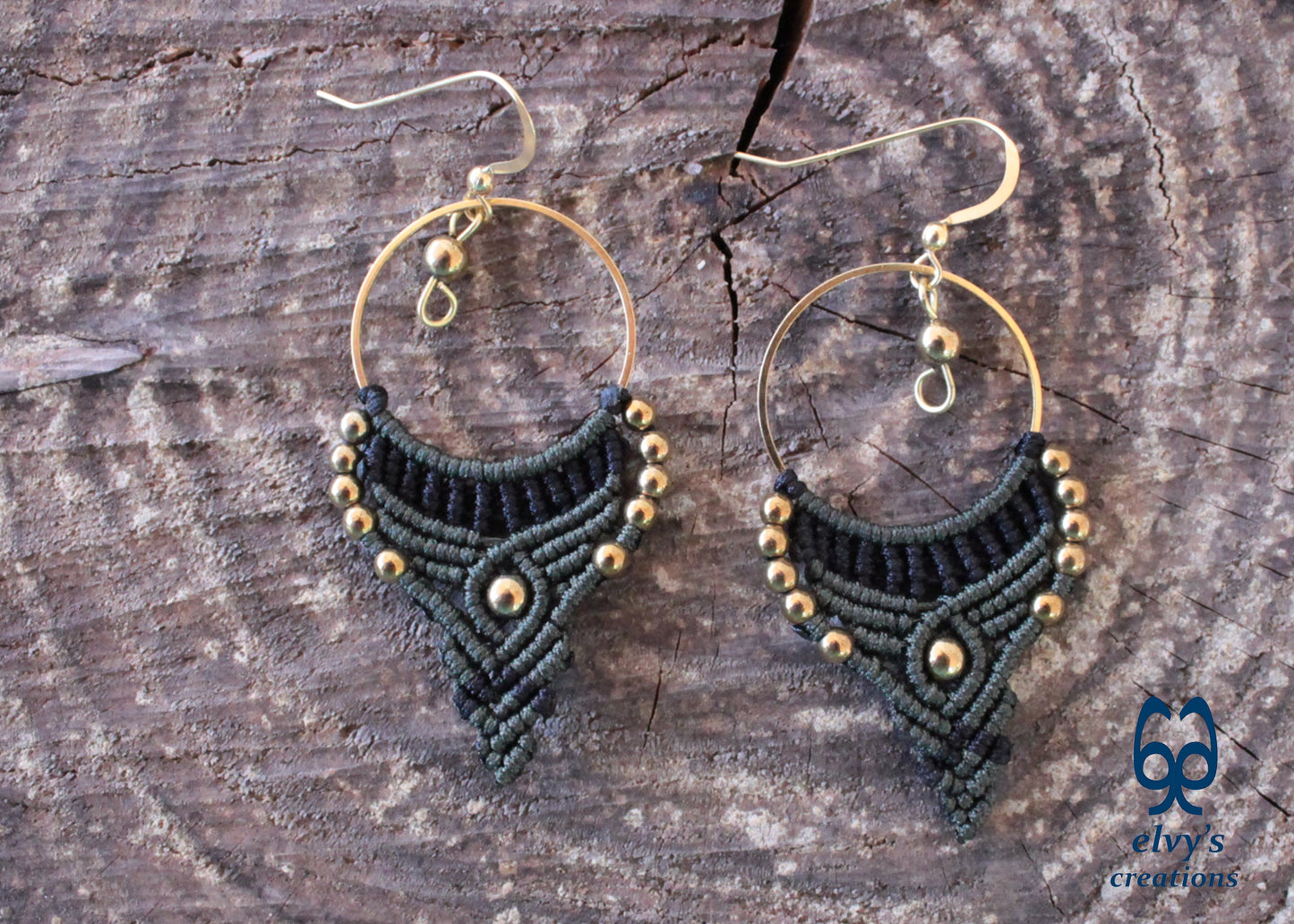 Green and Black Macrame Earrings Gold Hematite Gemstones Hoop Earrings