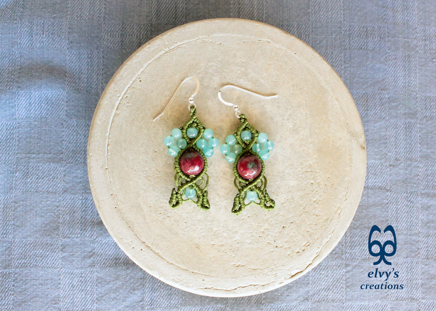 Handmade Macrame Silver Earrings, Beaded Gemstone Handmade Jewelry,Gift for Women