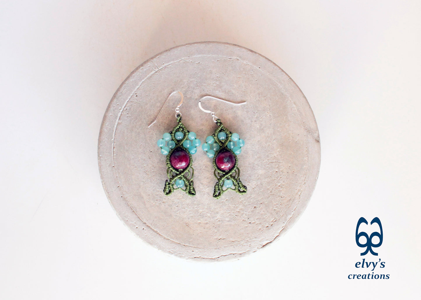 Handmade Macrame Silver Earrings, Beaded Gemstone Handmade Jewelry,Gift for Women