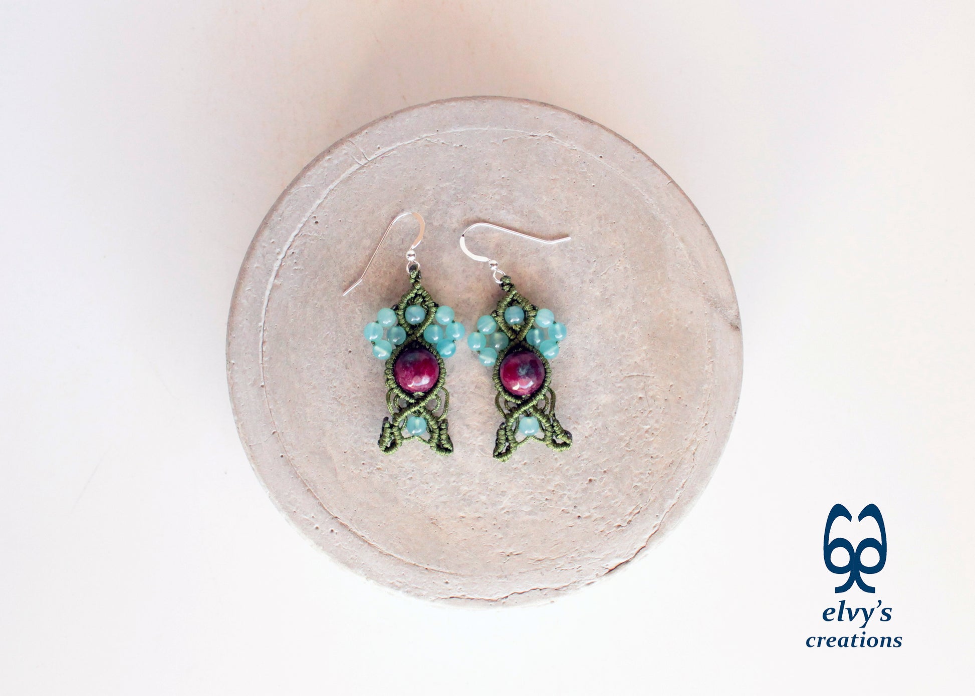 Handmade Macrame Silver Earrings, Beaded Gemstone Handmade Jewelry,Gift for Women