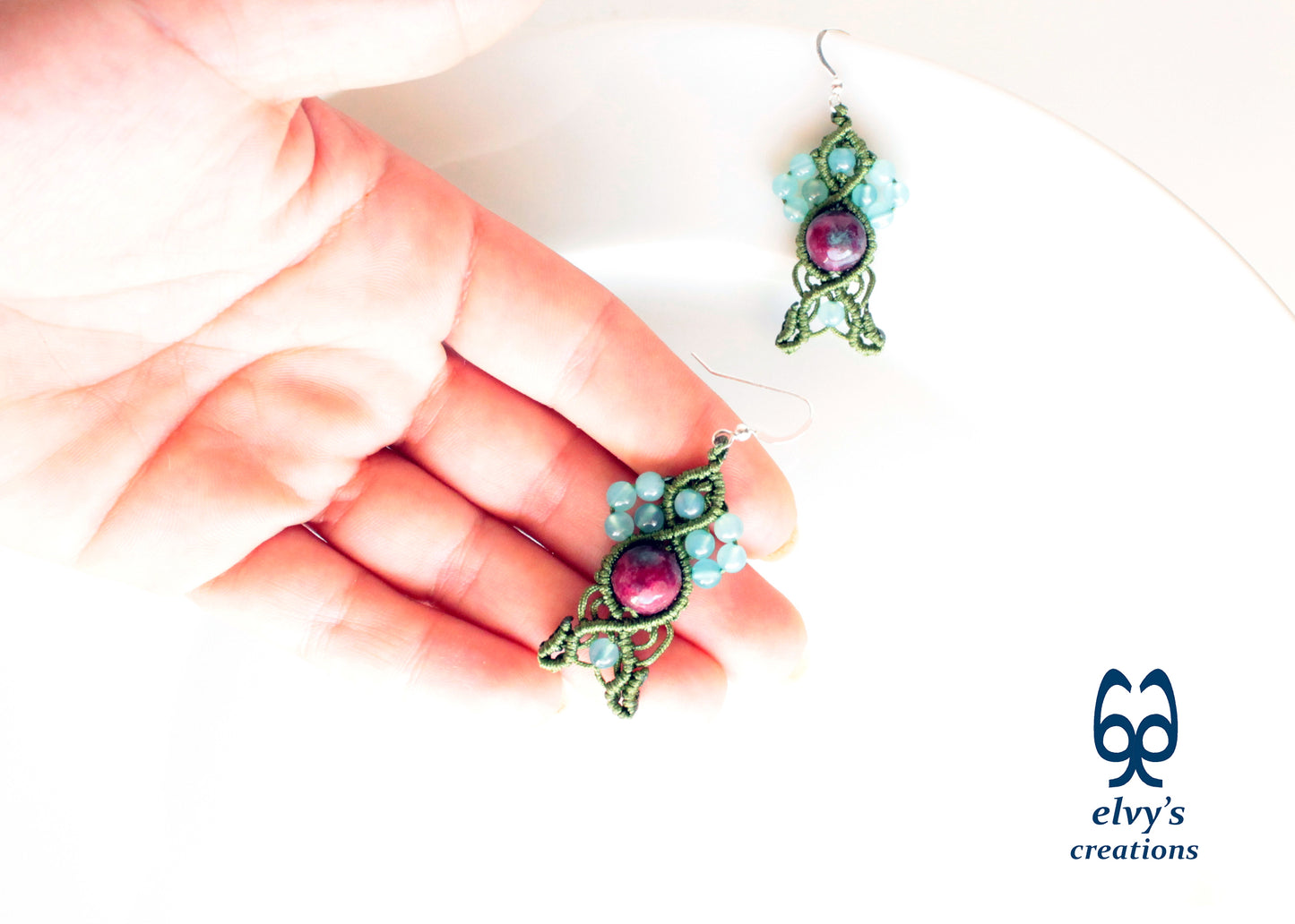 Handmade Macrame Silver Earrings, Beaded Gemstone Handmade Jewelry,Gift for Women