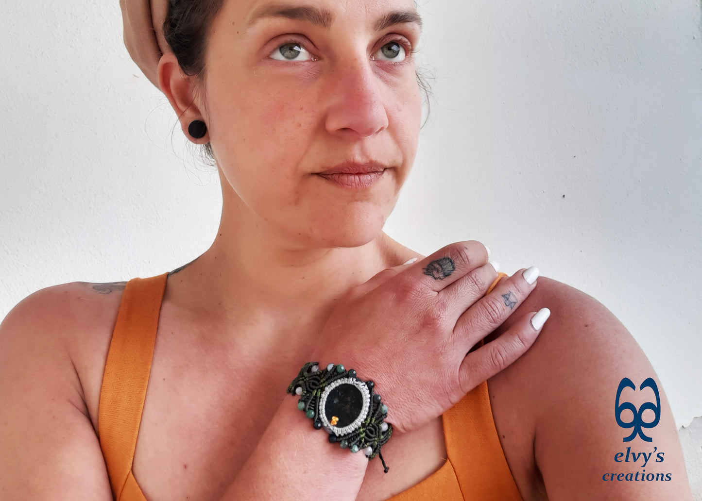 Green Macrame Bracelet with Moss Agate and Dendrite Agate Gemstone Beads Green Gemstone Adjustable Bracelet