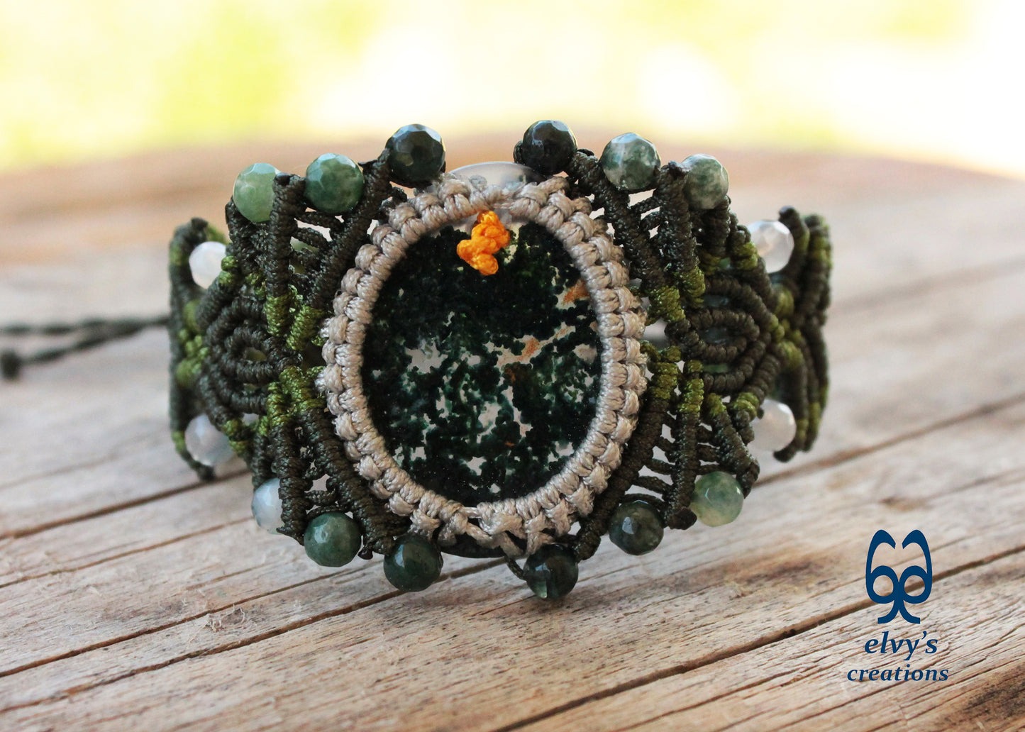 Green Macrame Bracelet with Moss Agate and Dendrite Agate Gemstone Beads Green Gemstone Adjustable Bracelet