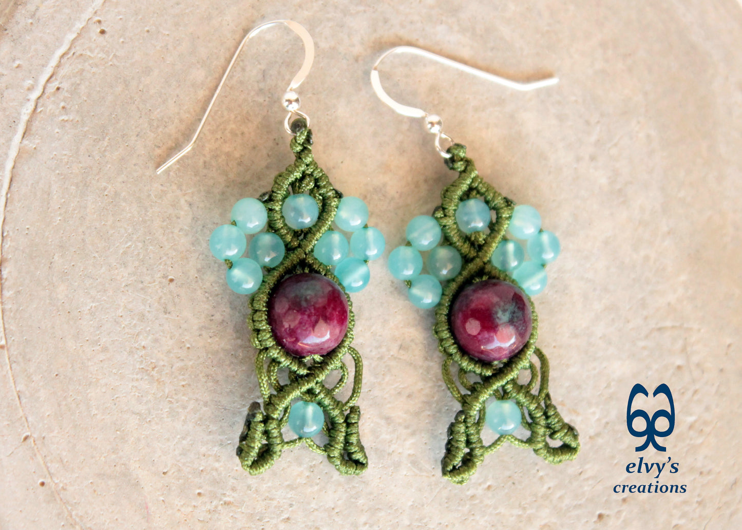 Handmade Macrame Silver Earrings, Beaded Gemstone Handmade Jewelry,Gift for Women