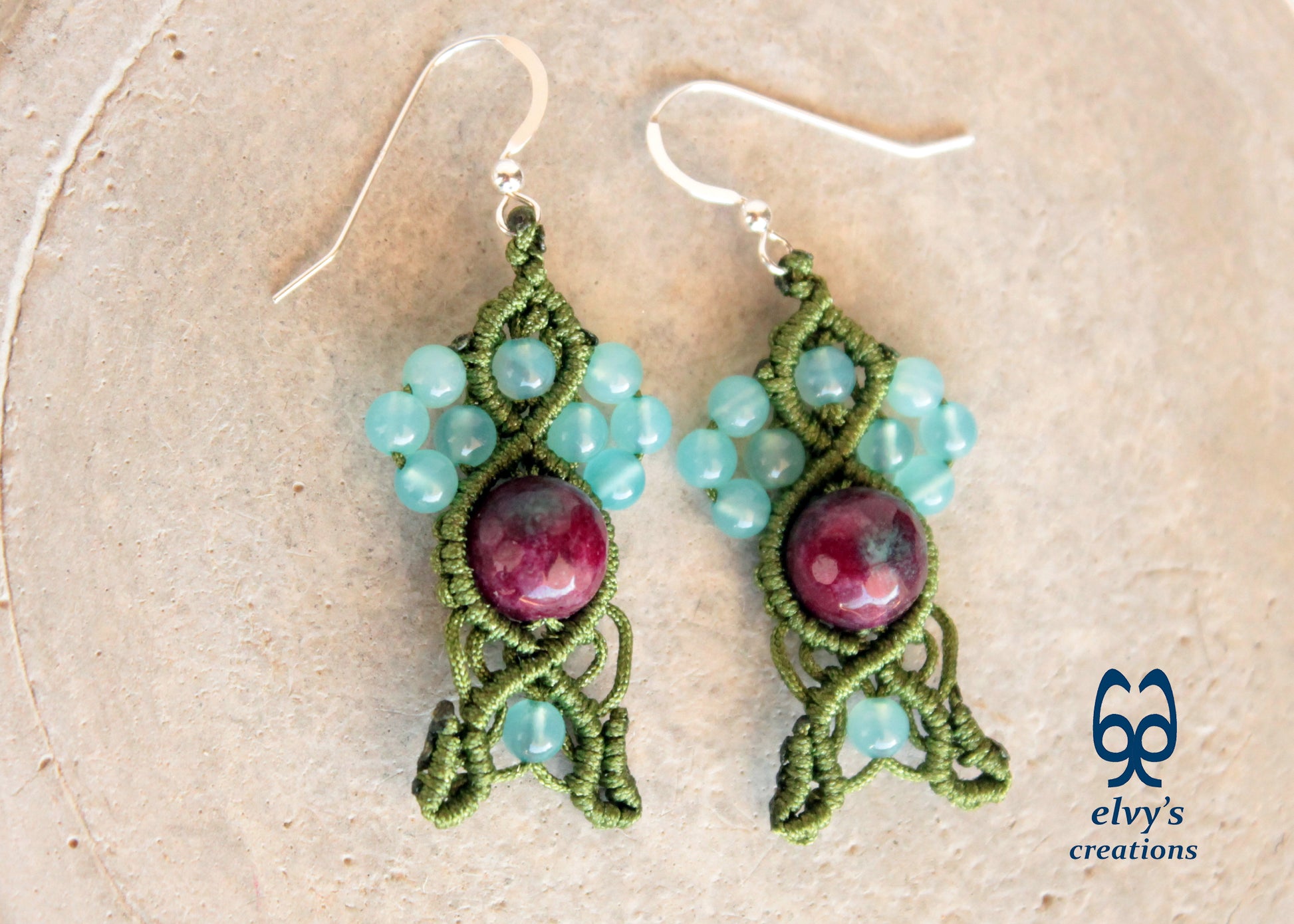 Handmade Macrame Silver Earrings, Beaded Gemstone Handmade Jewelry,Gift for Women