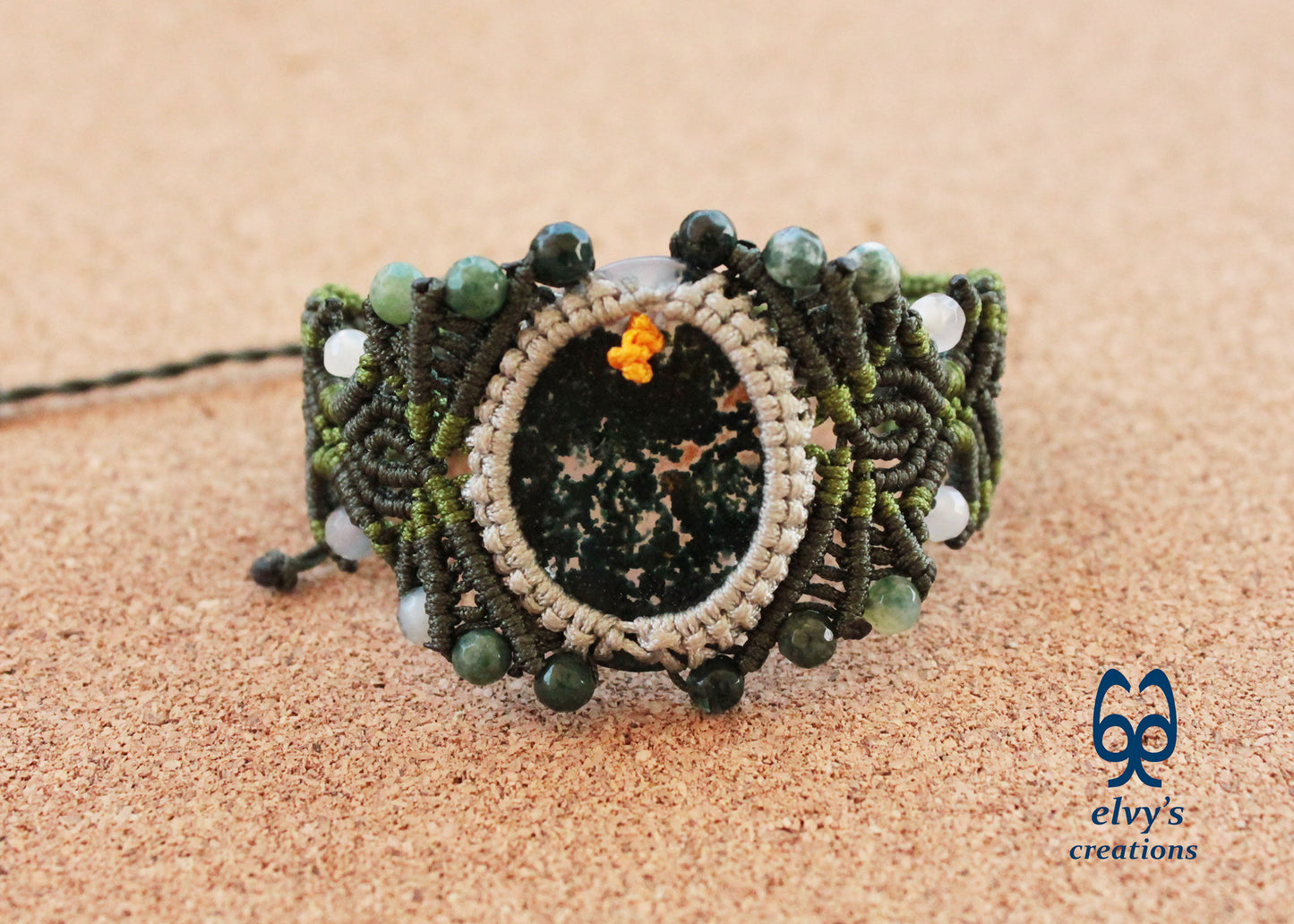Green Macrame Bracelet with Moss Agate and Dendrite Agate Gemstone Beads Green Gemstone Adjustable Bracelet