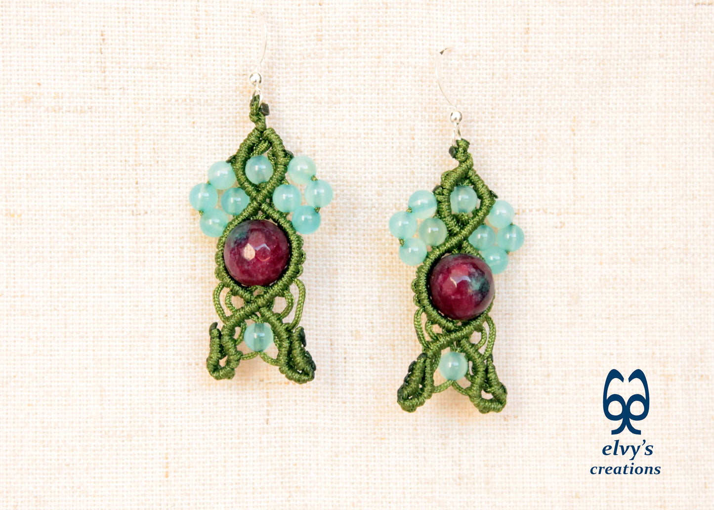 Handmade Macrame Silver Earrings, Beaded Gemstone Handmade Jewelry,Gift for Women