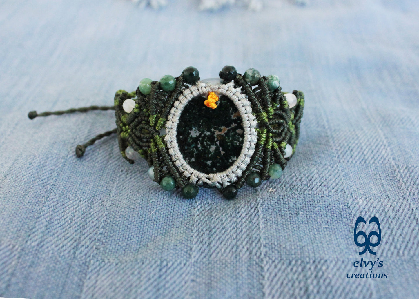 Green Macrame Bracelet with Moss Agate and Dendrite Agate Gemstone Beads Green Gemstone Adjustable Bracelet