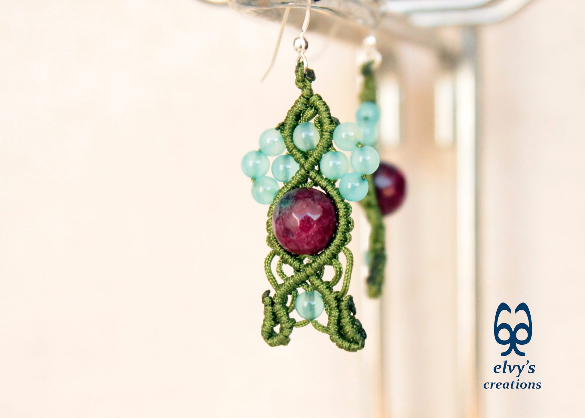 Handmade Macrame Silver Earrings, Beaded Gemstone Handmade Jewelry,Gift for Women
