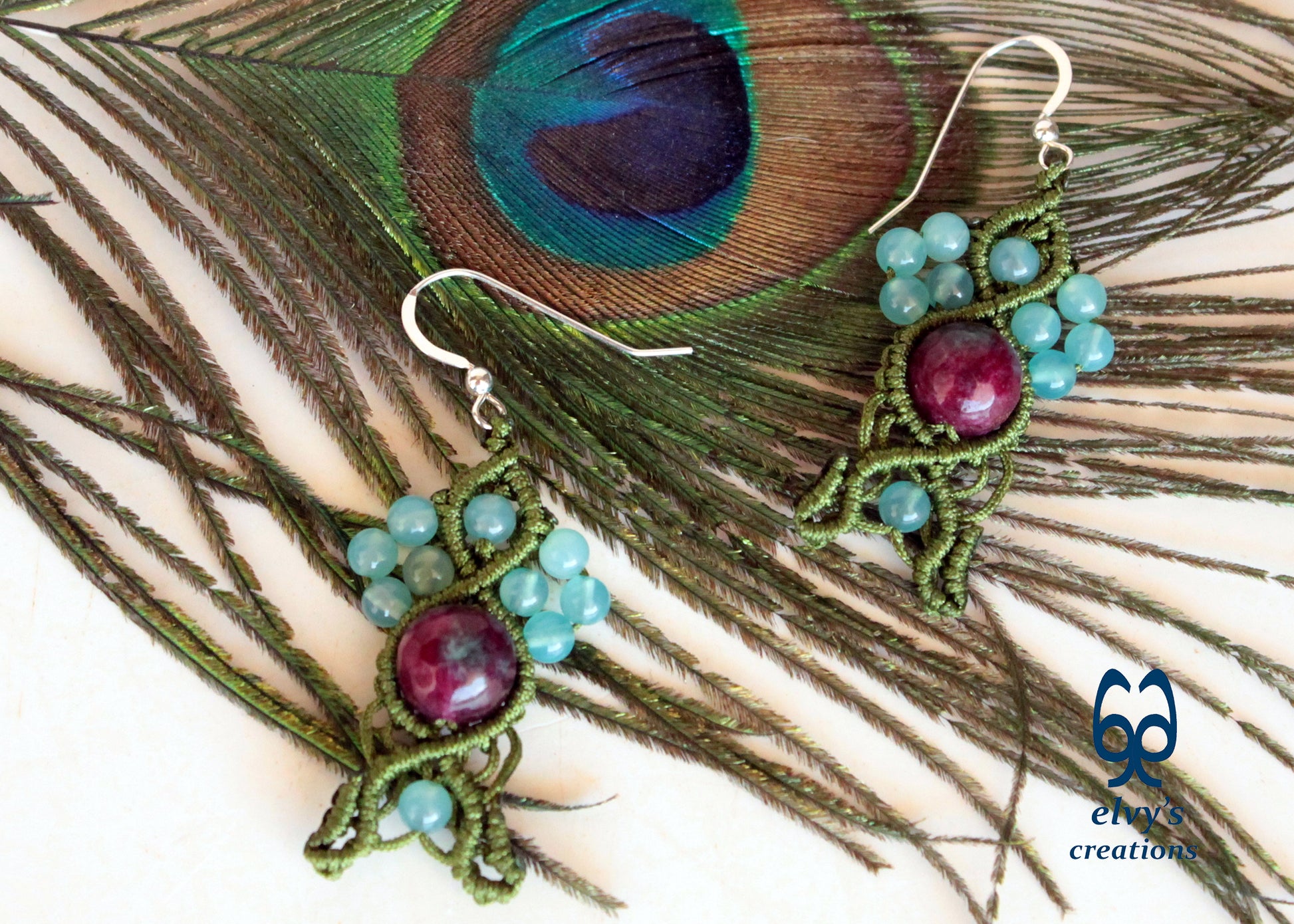 Handmade Macrame Silver Earrings, Beaded Gemstone Handmade Jewelry,Gift for Women