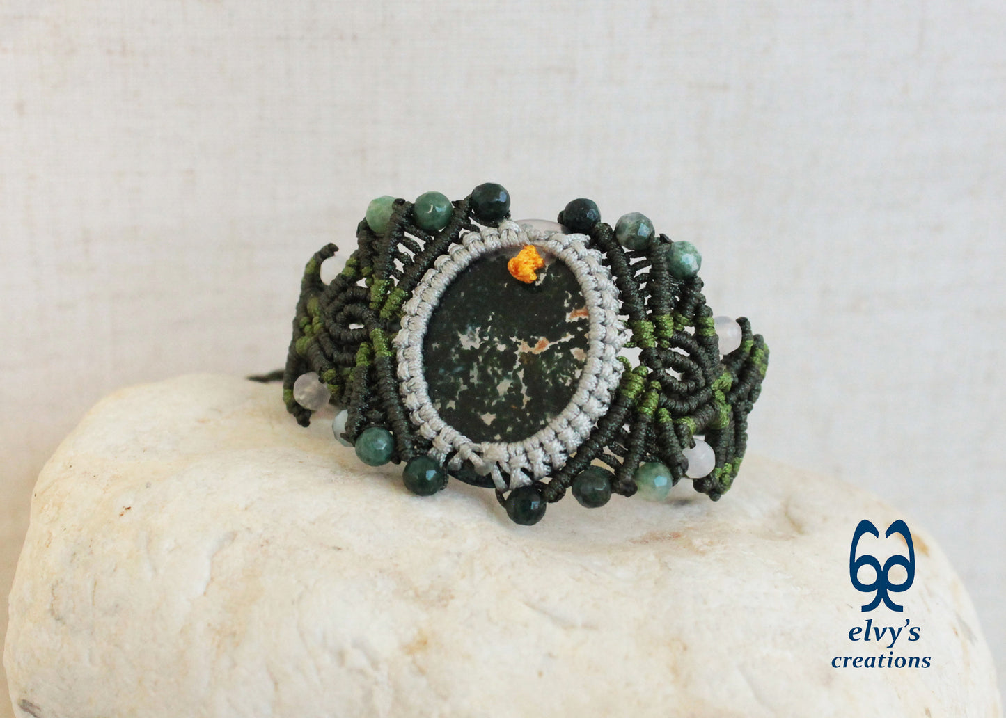 Green Macrame Bracelet with Moss Agate and Dendrite Agate Gemstone Beads Green Gemstone Adjustable Bracelet