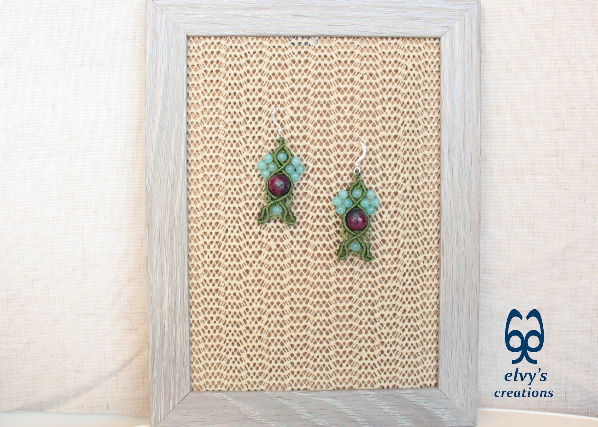 Handmade Macrame Silver Earrings, Beaded Gemstone Handmade Jewelry,Gift for Women