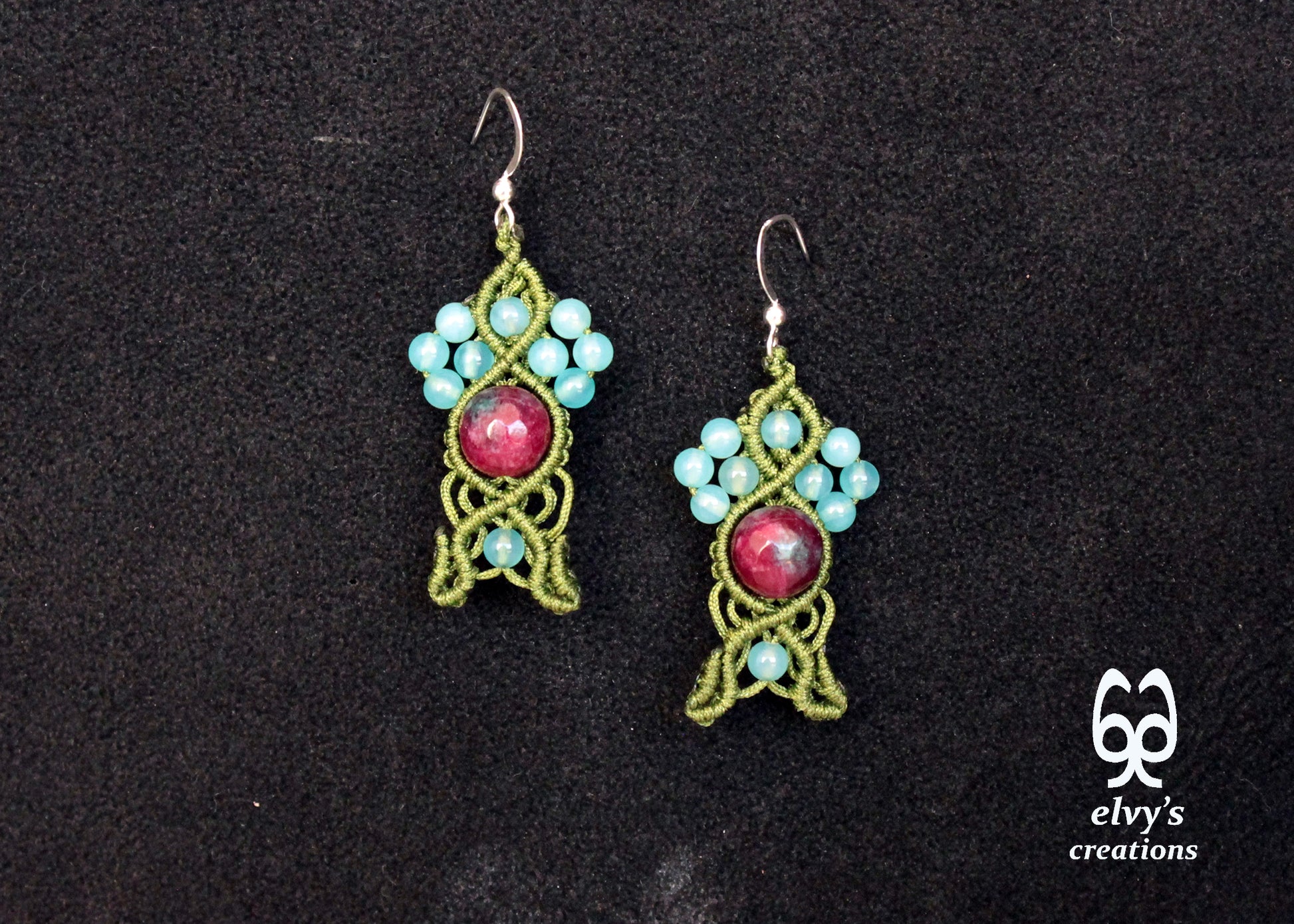 Handmade Macrame Silver Earrings, Beaded Gemstone Handmade Jewelry,Gift for Women