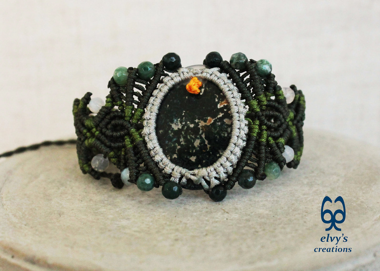 Green Macrame Bracelet with Moss Agate and Dendrite Agate Gemstone Beads Green Gemstone Adjustable Bracelet