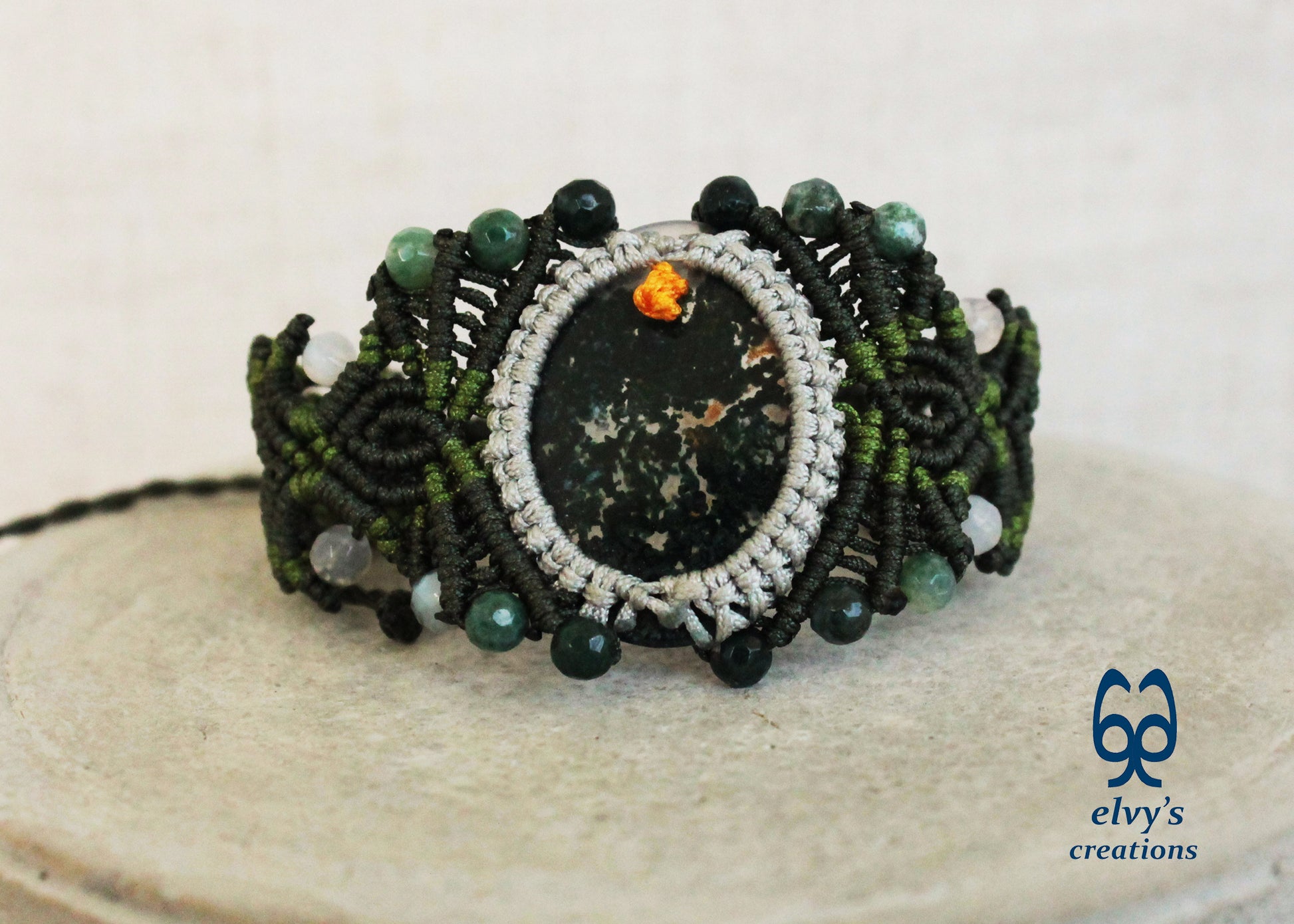 Green Macrame Bracelet with Moss Agate and Dendrite Agate Gemstone Beads Green Gemstone Adjustable Bracelet