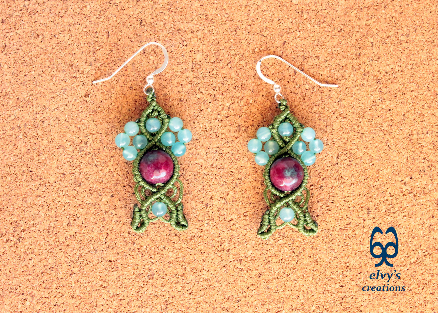 Handmade Macrame Silver Earrings, Beaded Gemstone Handmade Jewelry,Gift for Women