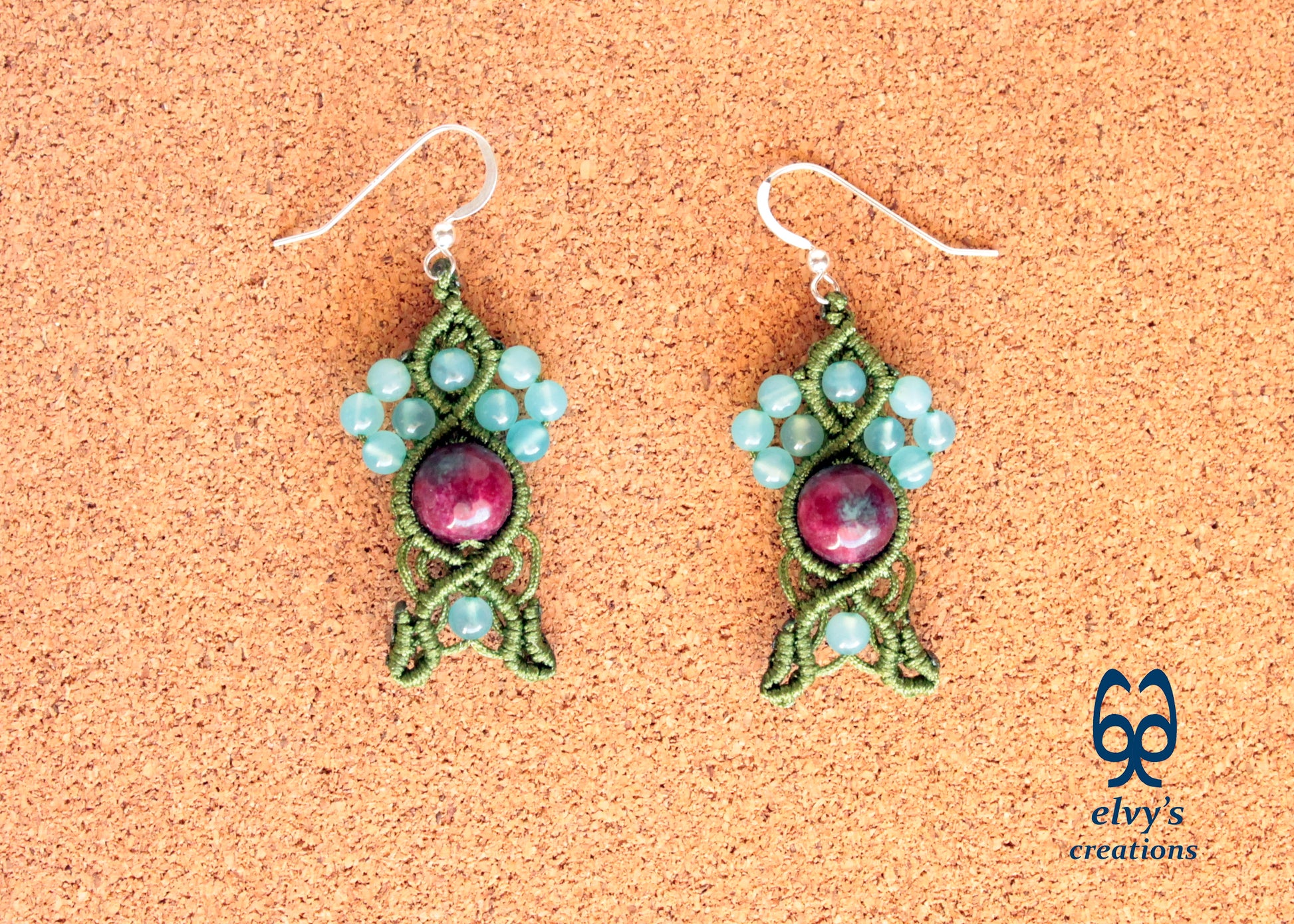 Handmade Macrame Silver Earrings, Beaded Gemstone Handmade Jewelry,Gift for Women