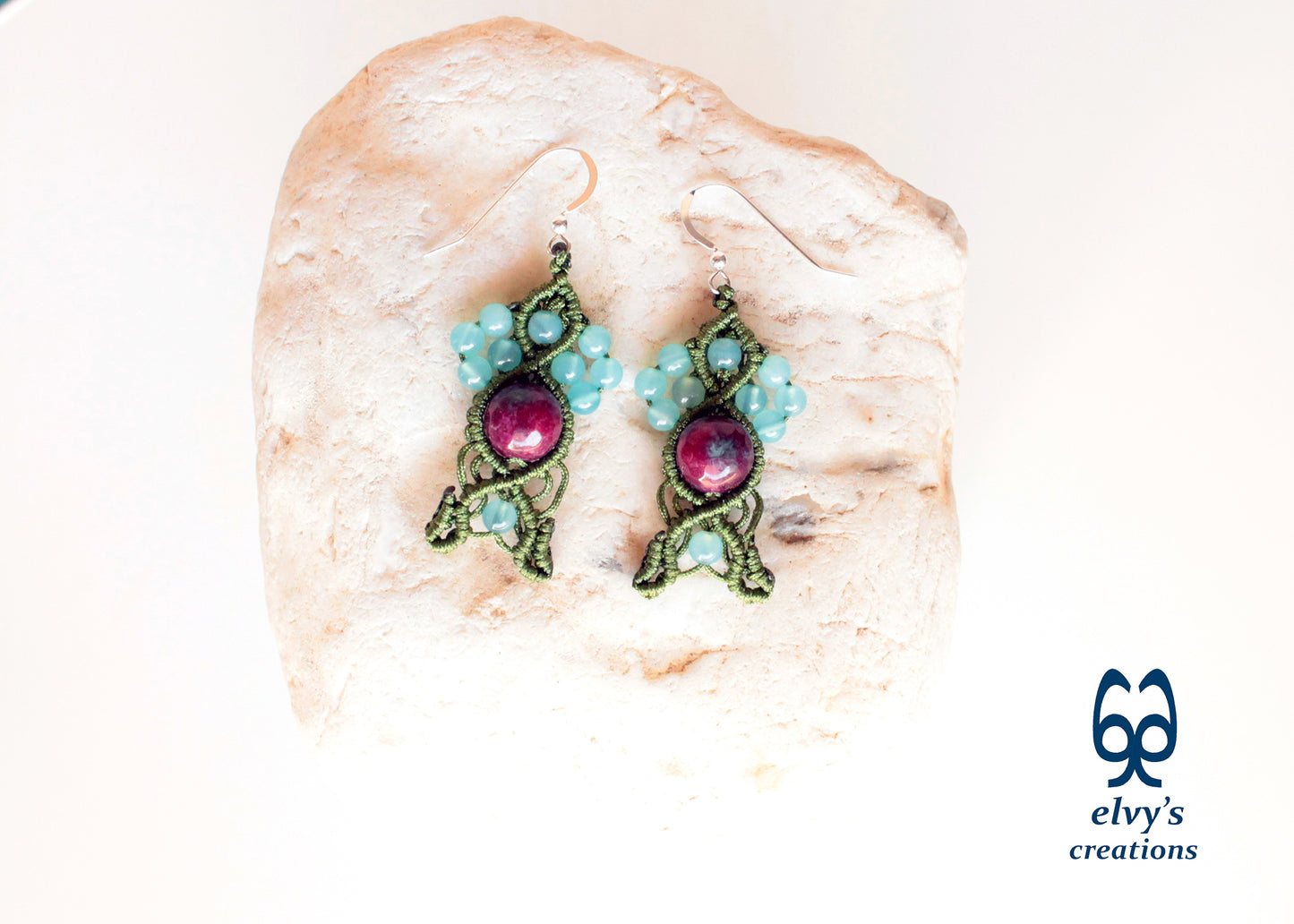 Handmade Macrame Silver Earrings, Beaded Gemstone Handmade Jewelry, Gift for Women