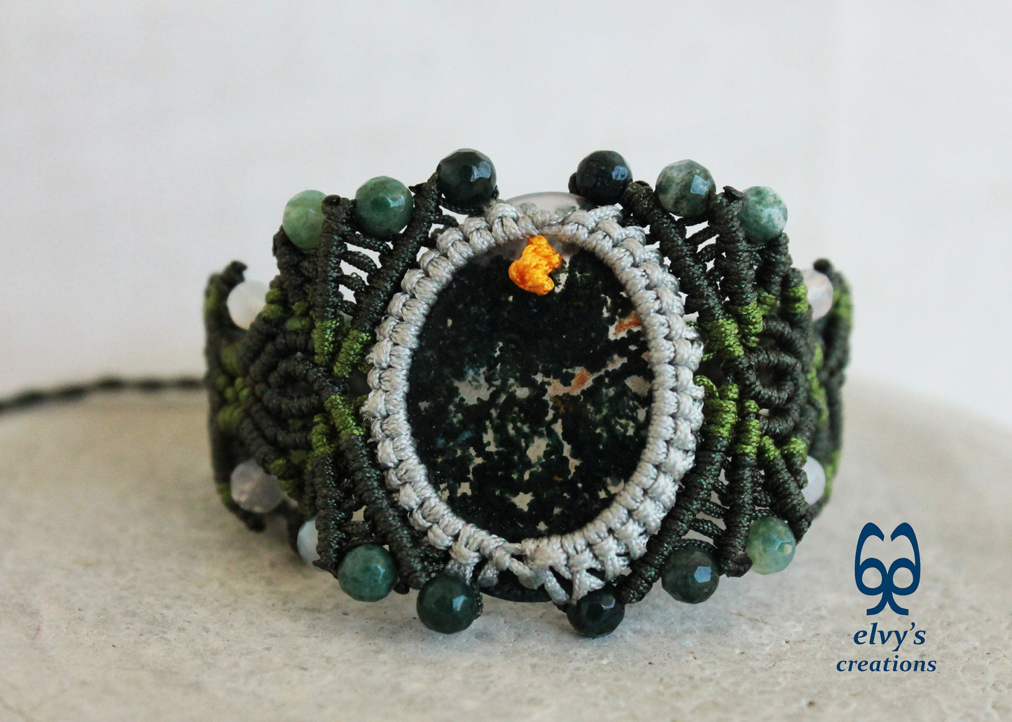 Green Macrame Bracelet with Moss Agate and Dendrite Agate Gemstone Beads Green Gemstone Adjustable Bracelet