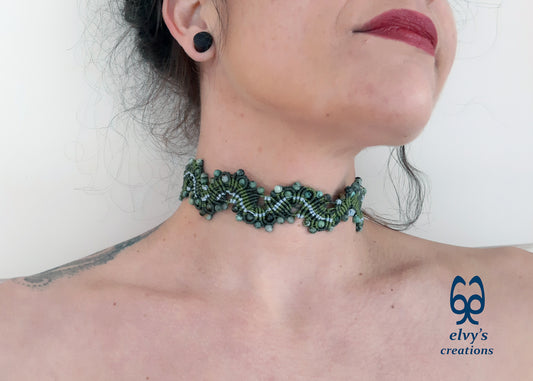 Green and Blue Macrame Choker Turquoise Gemstones Necklace Lace Macrame Jewelry Gift for Women