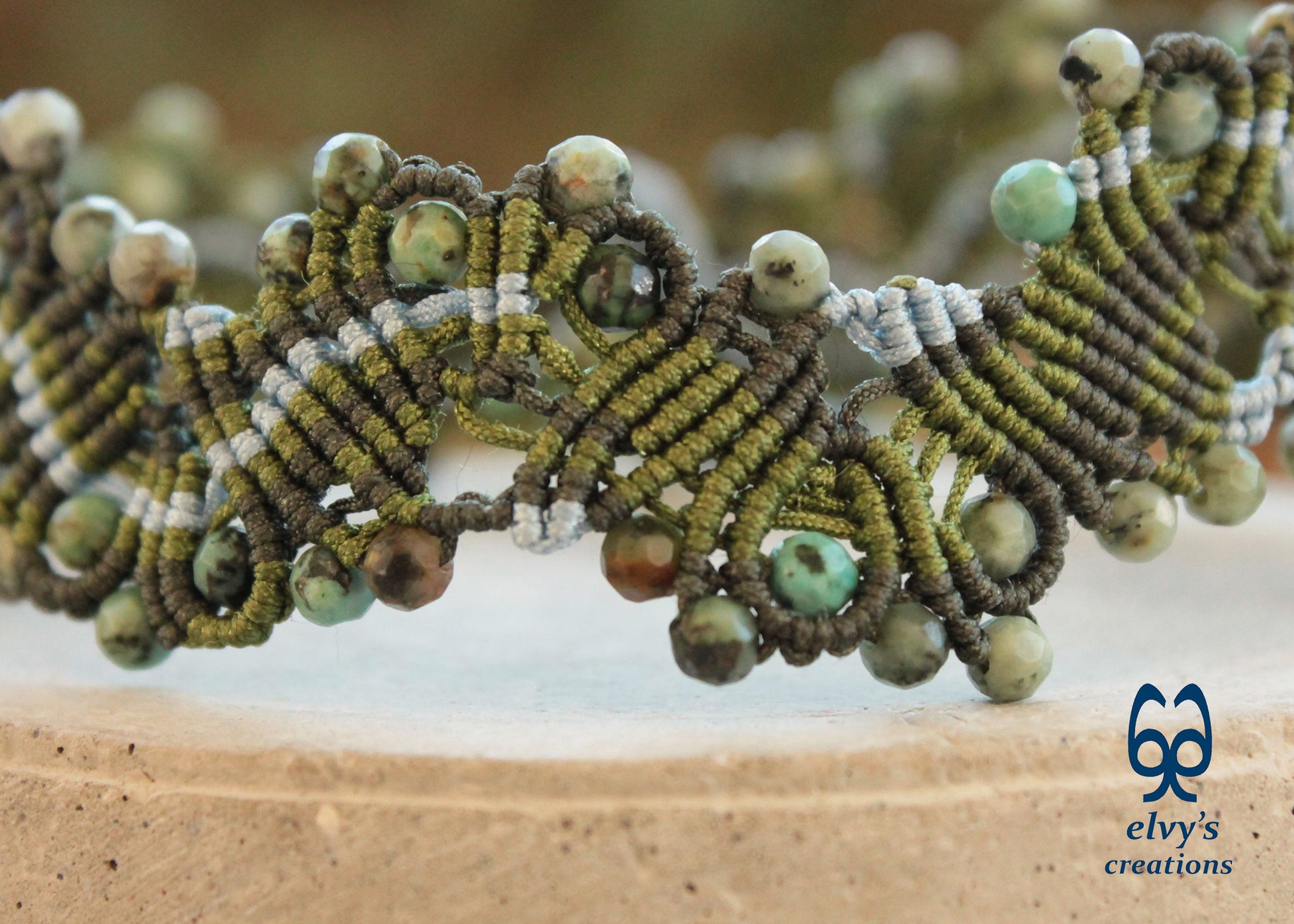 Green and Blue Macrame Choker Turquoise Gemstones Necklace Lace Macrame Jewelry Gift for Women