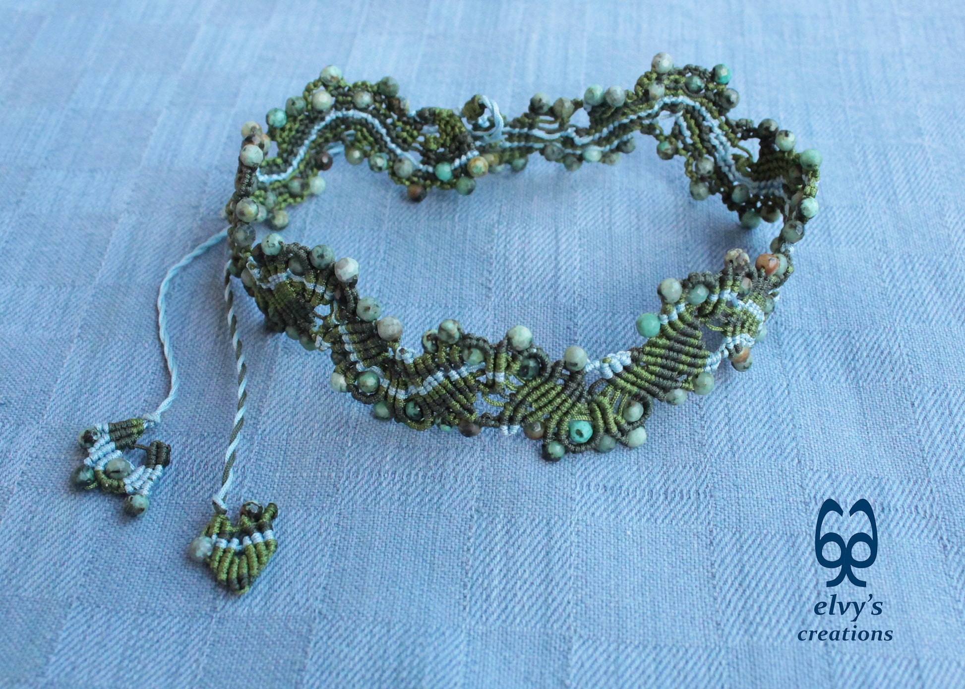 Green and Blue Macrame Choker Turquoise Gemstones Necklace Lace Macrame Jewelry Gift for Women