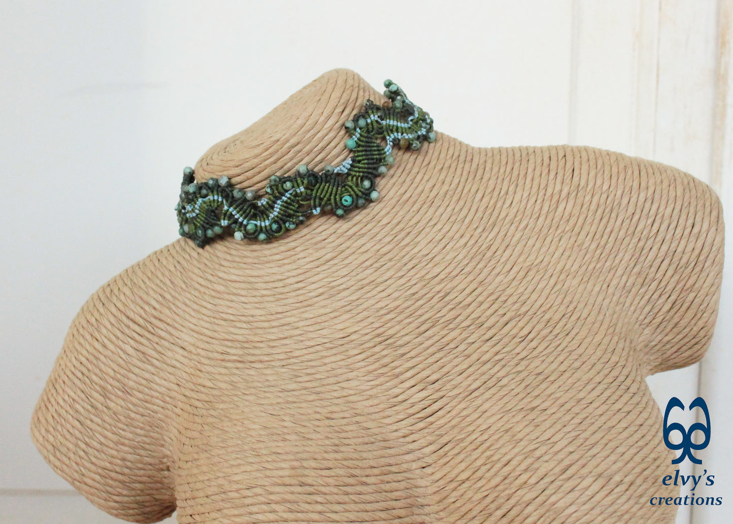 Green and Blue Macrame Choker Turquoise Gemstones Necklace Lace Macrame Jewelry Gift for Women