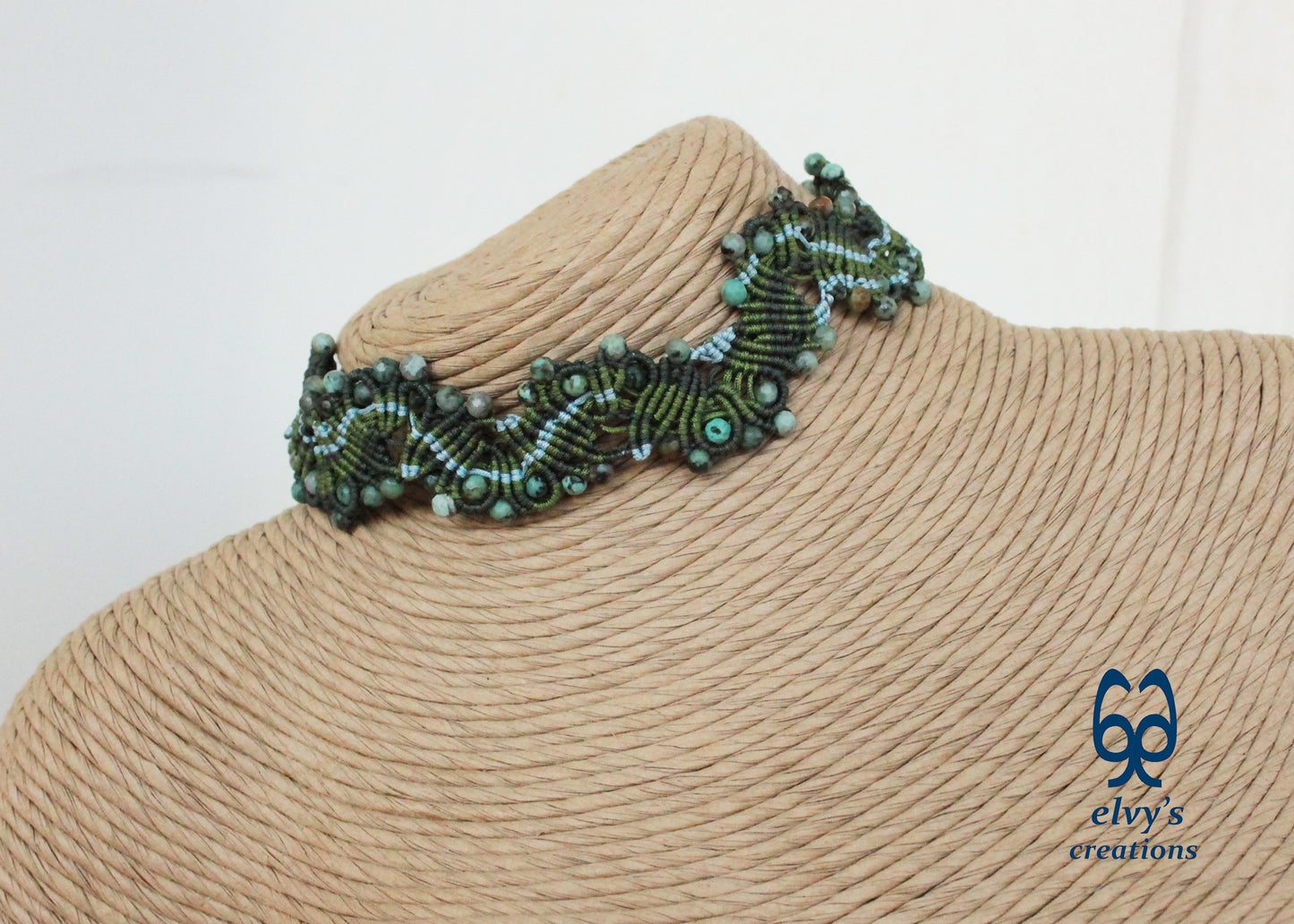 Green and Blue Macrame Choker Turquoise Gemstones Necklace Lace Macrame Jewelry Gift for Women