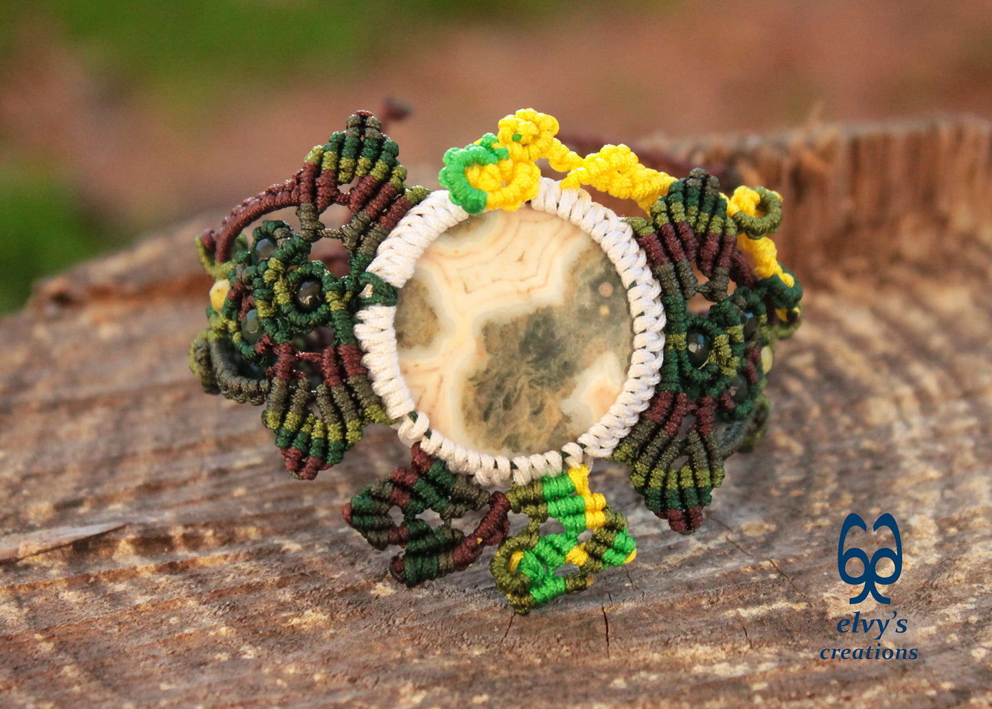 Green and Brown Macrame Bracelet Agate Macrame Bracelet Adjustable Lace Bracelet Gift for Women