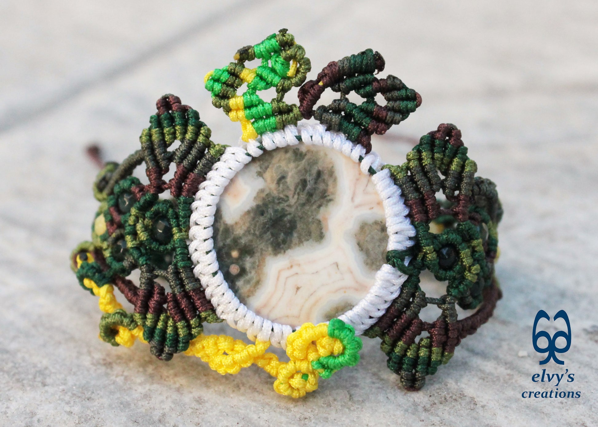 Green and Brown Macrame Bracelet Agate Macrame Bracelet Adjustable Lace Bracelet Gift for Women