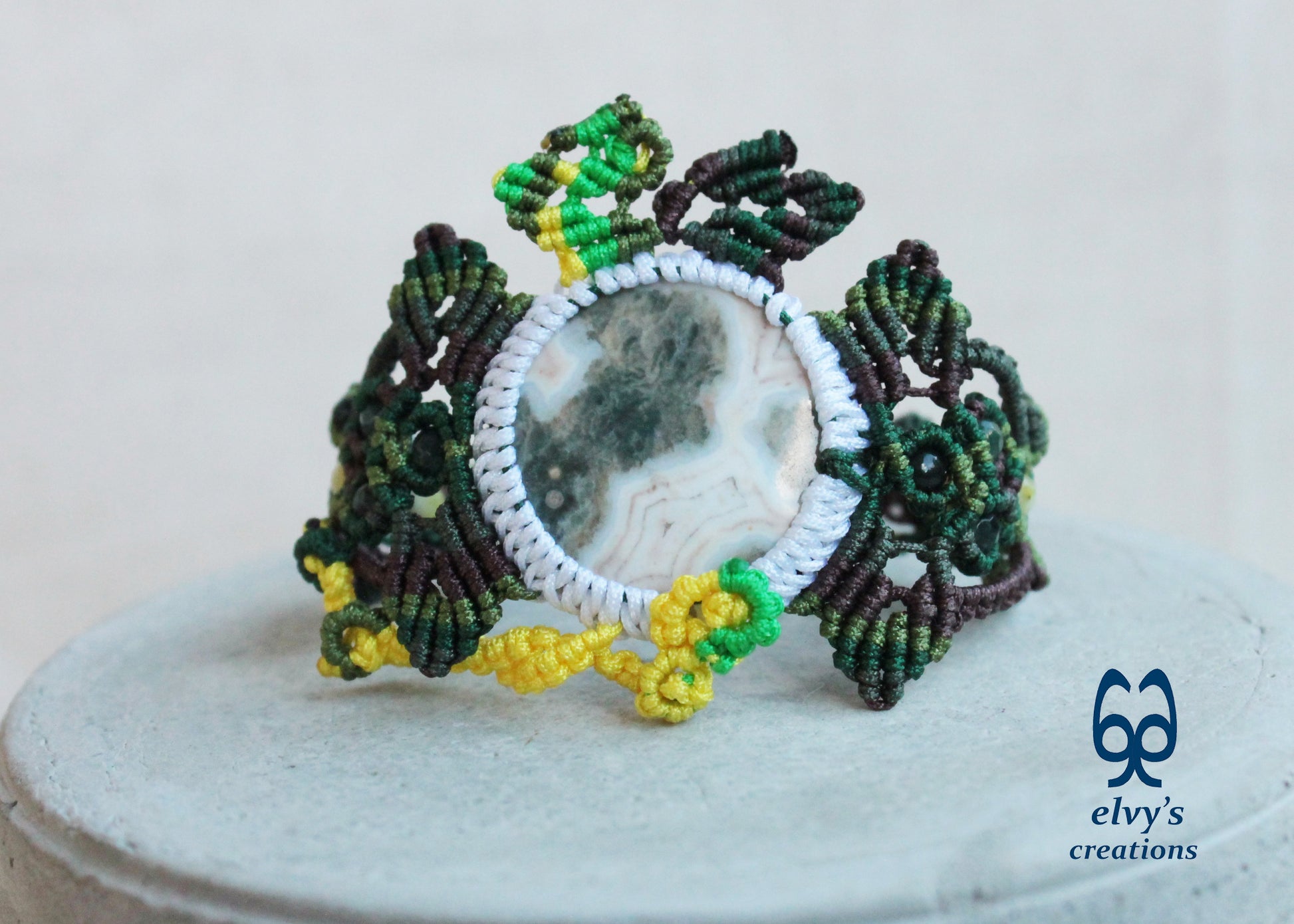 Green and Brown Macrame Bracelet Agate Macrame Bracelet Adjustable Lace Bracelet Gift for Women