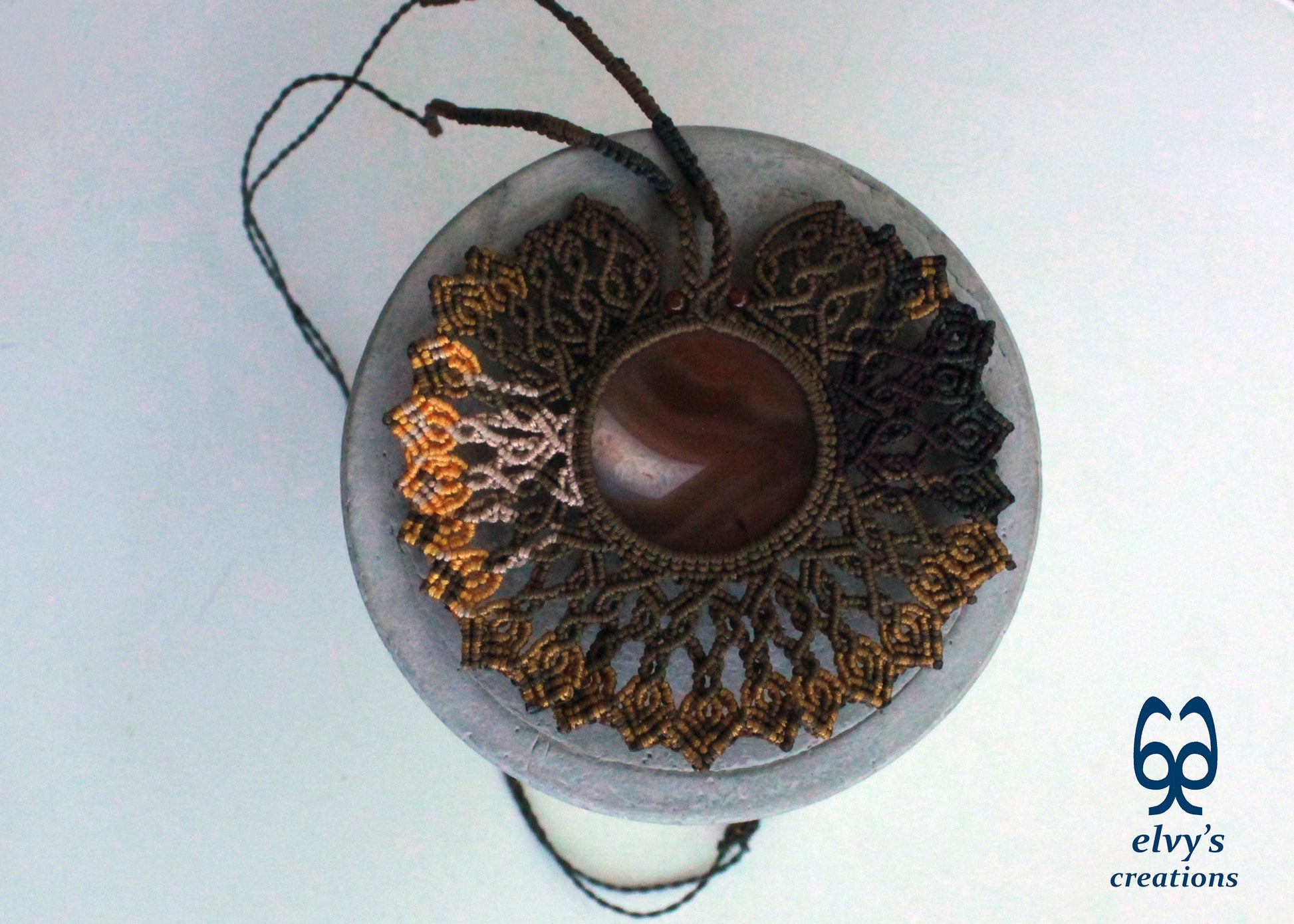 Gold Macrame Necklace with orange Carnelian Gemstones Macrame Pendant