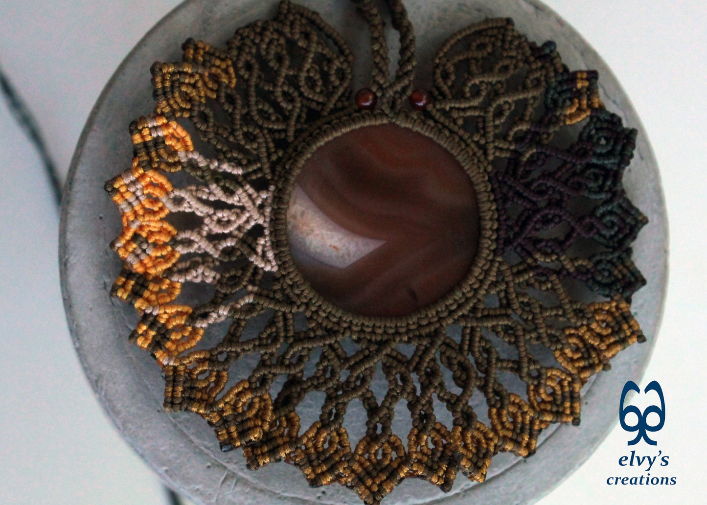 Gold Macrame Necklace with orange Carnelian Gemstones Macrame Pendant